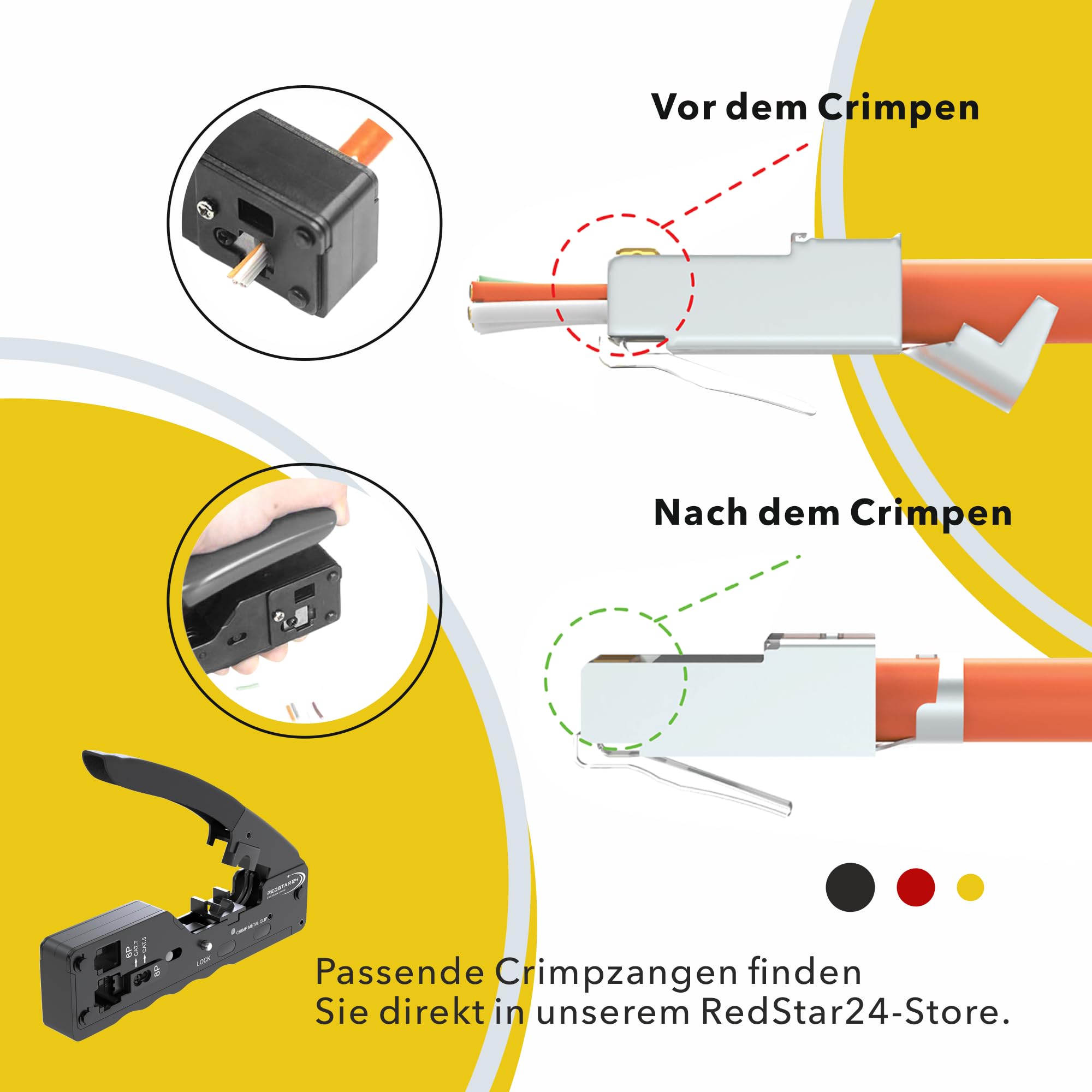 Set di 50 connettori RJ45, Cat7, spina di rete, Pass Through e schermata, con scarico della trazione, beccuccio antipiega arancione e ausilio di inserimento, ideale per cavo di posa CAT 7, Cat6A