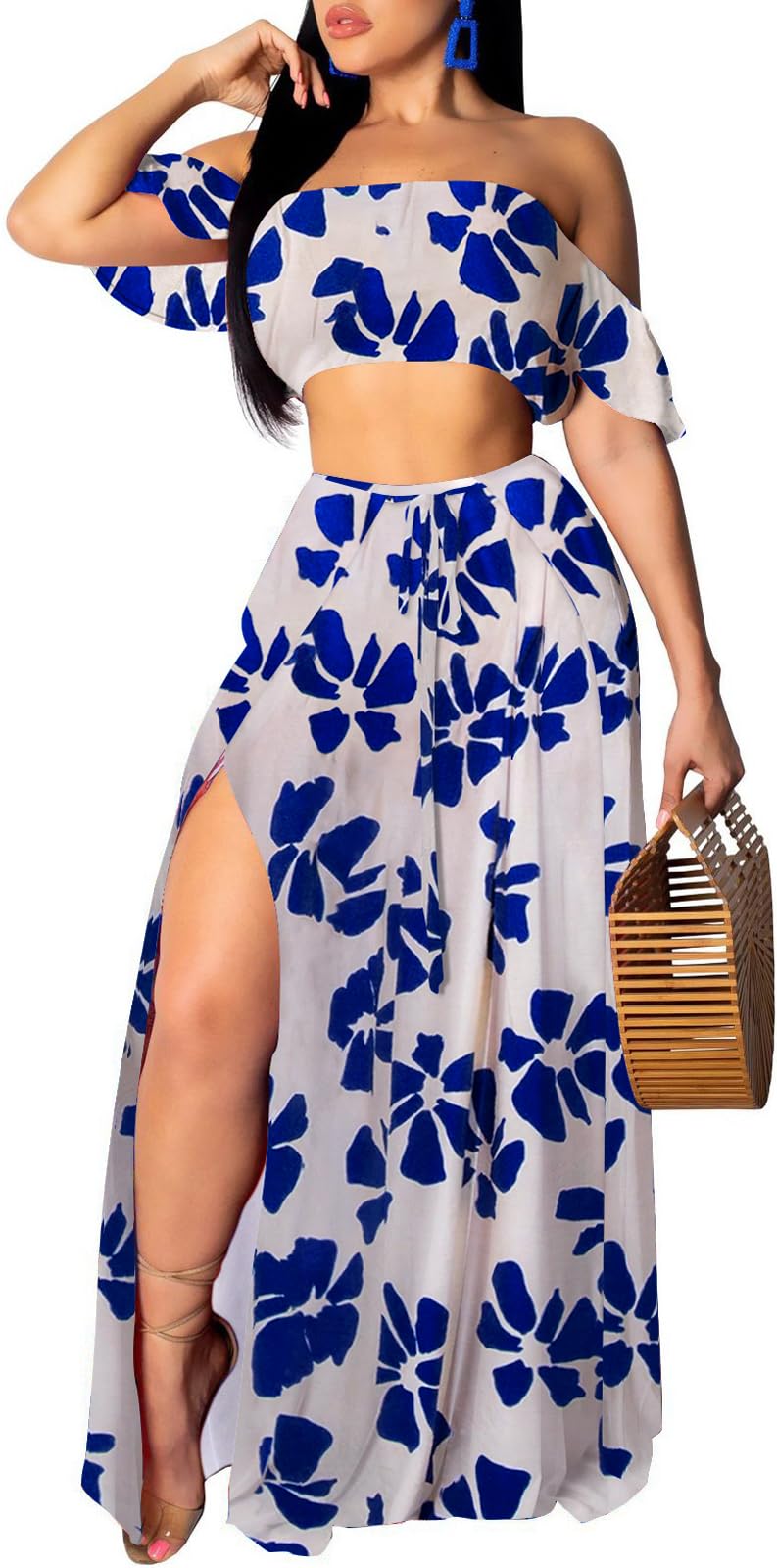 SxClub Women's Beach Dress 2 Piece Off Shoulder Top Long Maxi Skirt Sets