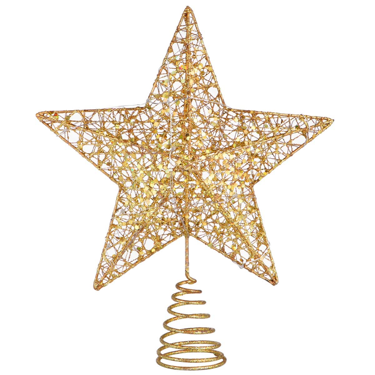 Lot de 10 étoiles de sapin de Noël illuminées - 3D pailletées dorées - Décorations de Noël pour sapin de Noël - Décoration de fête - Doré