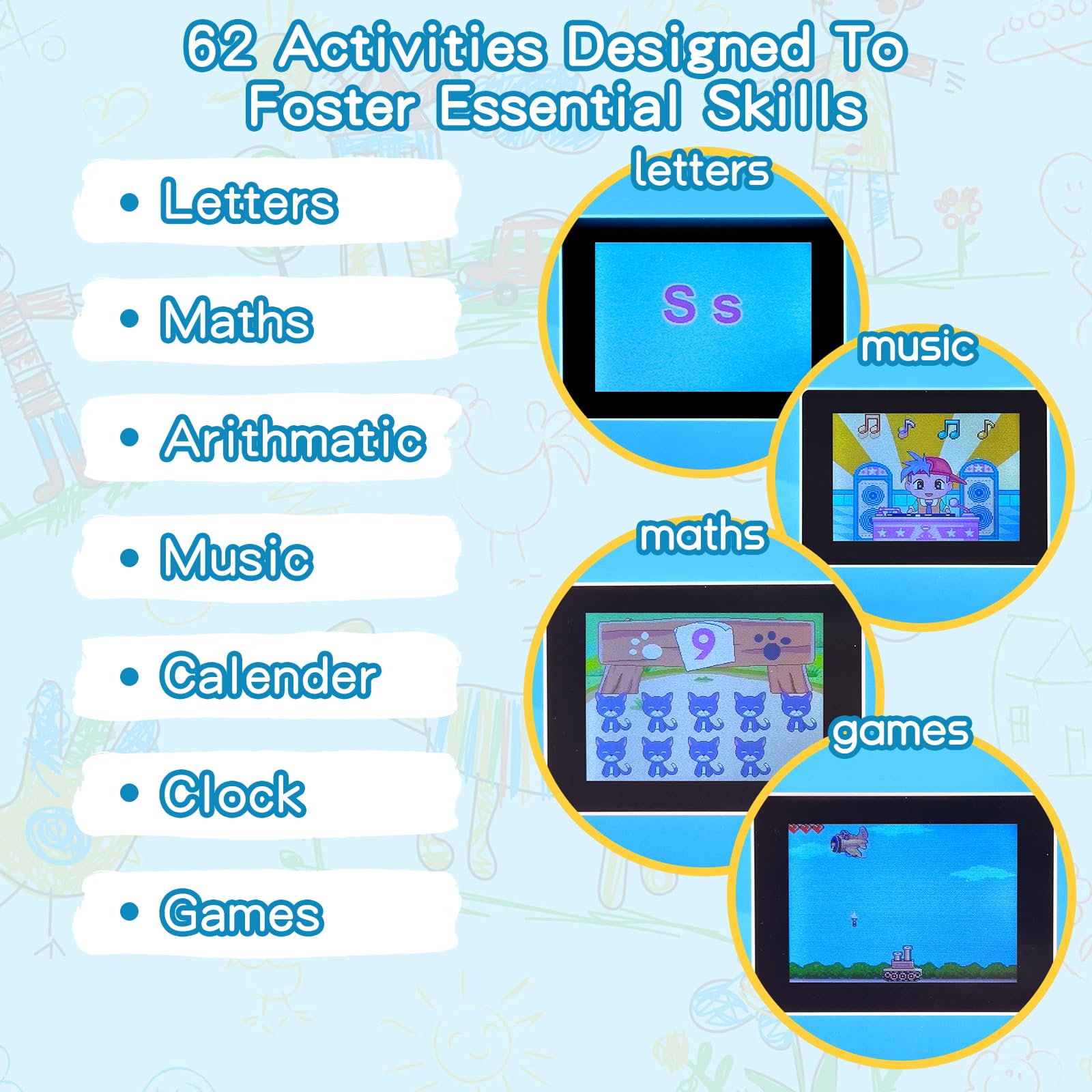 Computer educativo per bambini, colore blu, display a colori, mouse per imparare l'inglese, 62 attività, giochi di matematica, regalo educativo per ragazze dai 5 anni in su