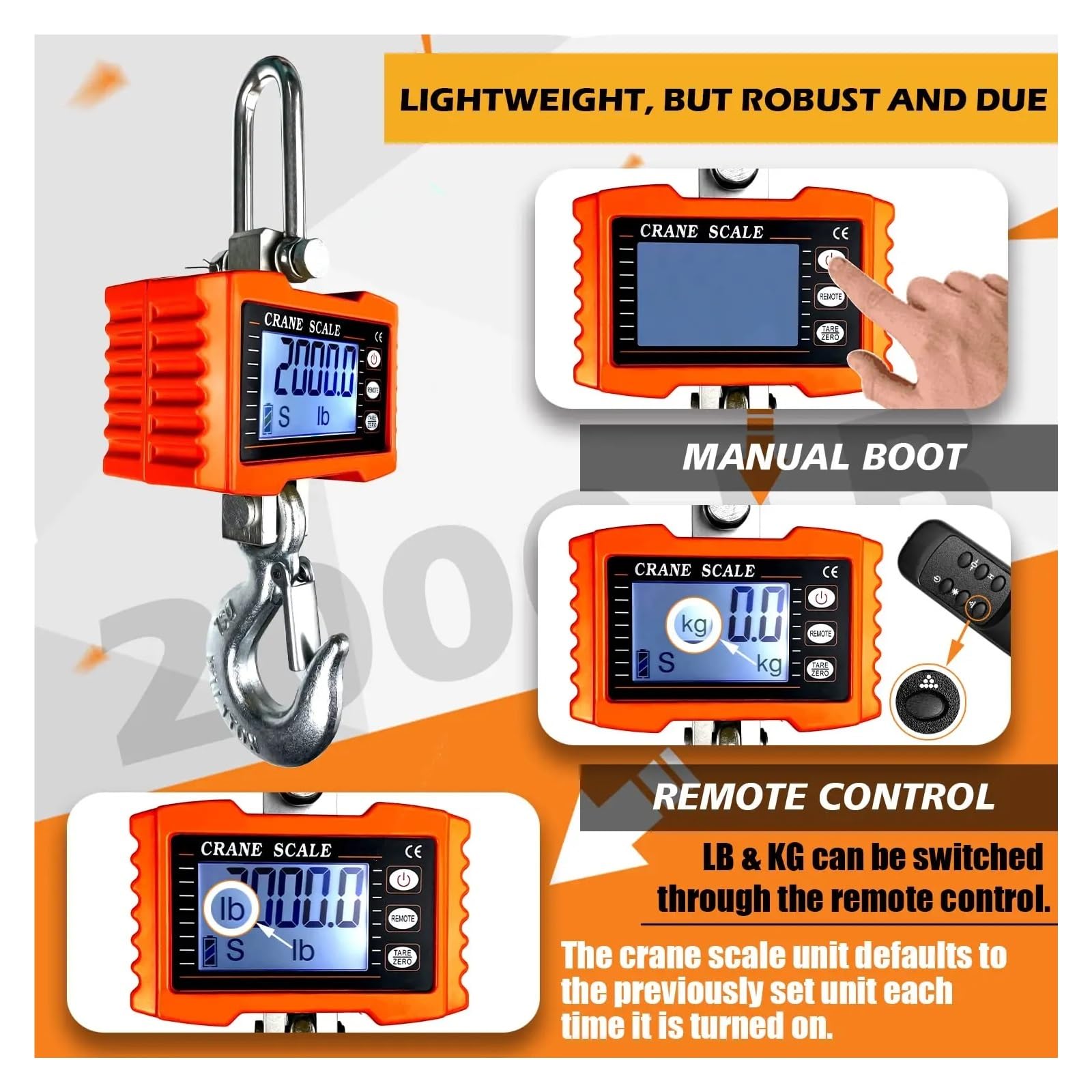 Bilancia digitale sospesa 1000 kg/2204 libbre for gru portatile for impieghi gravosi a gancio industriale con retroilluminazione LCD Cambio unità/Mantenimento dati(Orange)