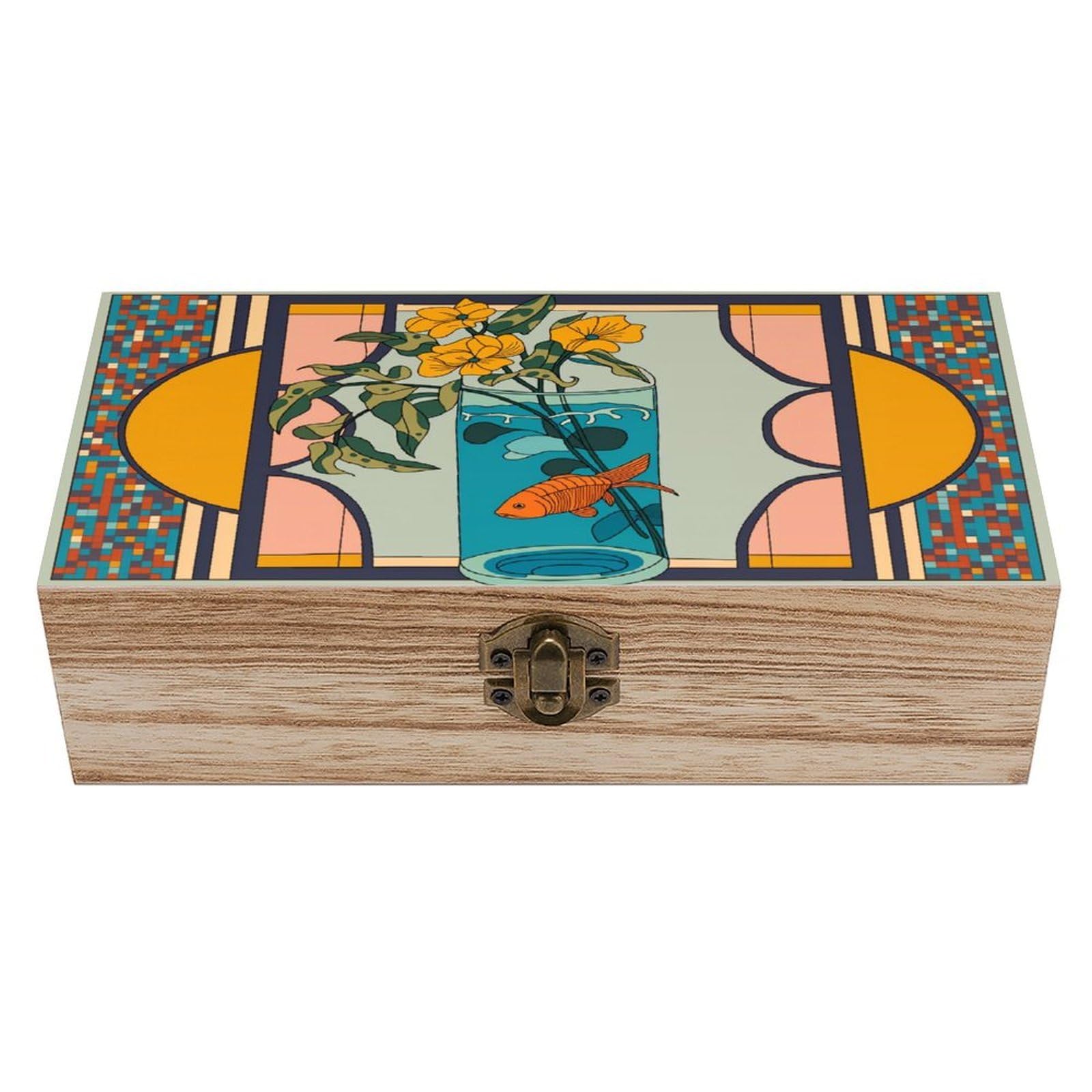 asbwuo Stained Glass Goldfish in Cup Vintage Wooden Keepsake Box