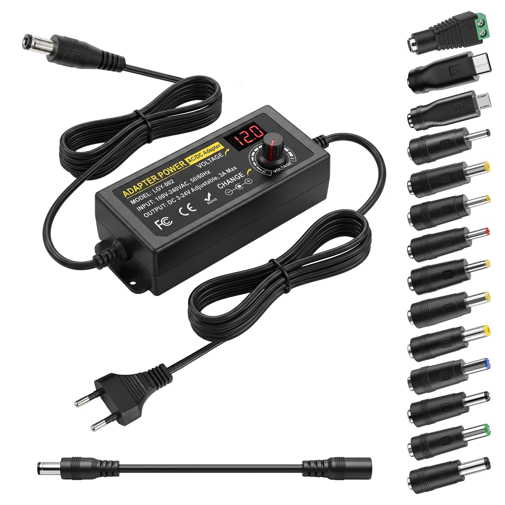 Einstellbares Netzteil 3-24V 3A 72W, Universal Netzadapter mit 5,5x2,5/2,1mm DC Anschluss, LED-Anzeige & 14 DC-Steckern, Sicherer Schutz für LED-Streifen, Router, DC-Motor, 100-240V AC/DC
