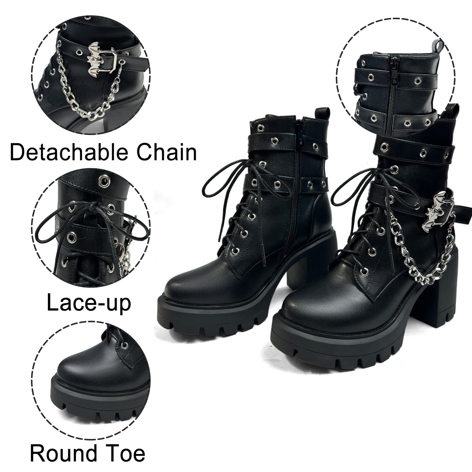 FOREADA Goth Boots Chunky Heel Boot For Women Ankle Combat Booties Black Platform Bootie Buckle Rivets Punk Goth Shoes With Zipper: 5 Buckle Black a