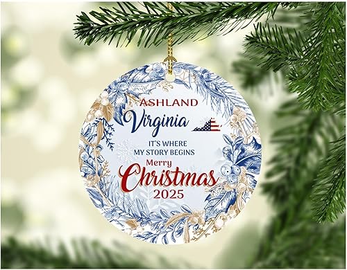Christmas Ornament Tree 2023 Gift Ashland Virginia Ornaments It's Where My Story Begins Ashland VA City Hometown State Gift Xmas Decoration Rustic