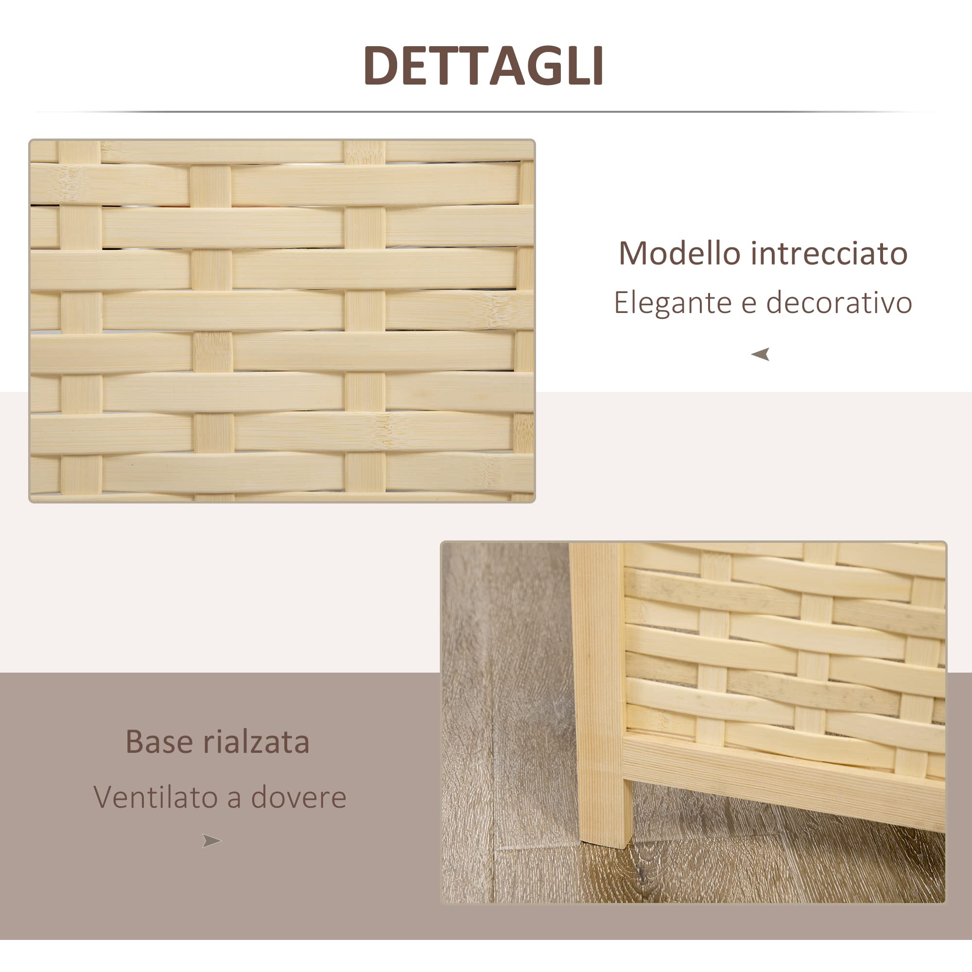 HOMCOM Paravento da Interno a 4 Ante in Legno e Bambù Intrecciato, Separé Divisorio Pieghevole Salvaspazio, Altezza 170cm, Naturale