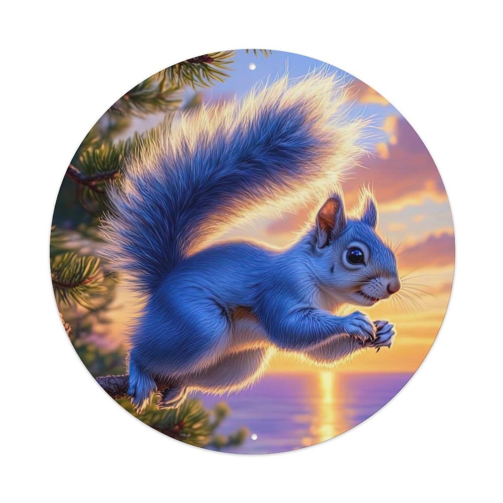 Animal Squirrel Pine Tree Sunset Coastal Landscape Wildlife Vintage Metal Tin Sign Plaque Wall Decor for Cafe, Club Bar, Office, Garden Metal Poster 8x8Inch