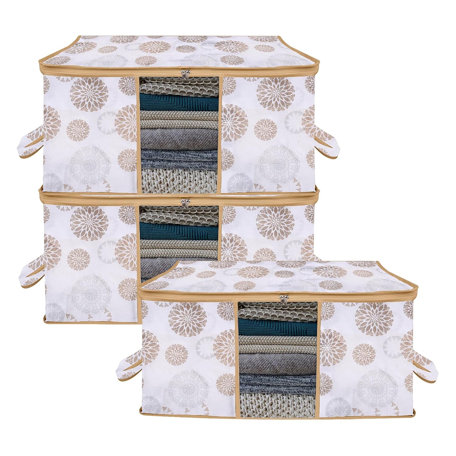 Amazon Brand - Solimo Non-Woven Underbed Storage Bag|Clothes Storage Organizer|Clear Window Blanket Cover|Cloth Organizer with Handle|Gola-Print Design|Large (White, Pack of 3), 470 mm, 310 mm