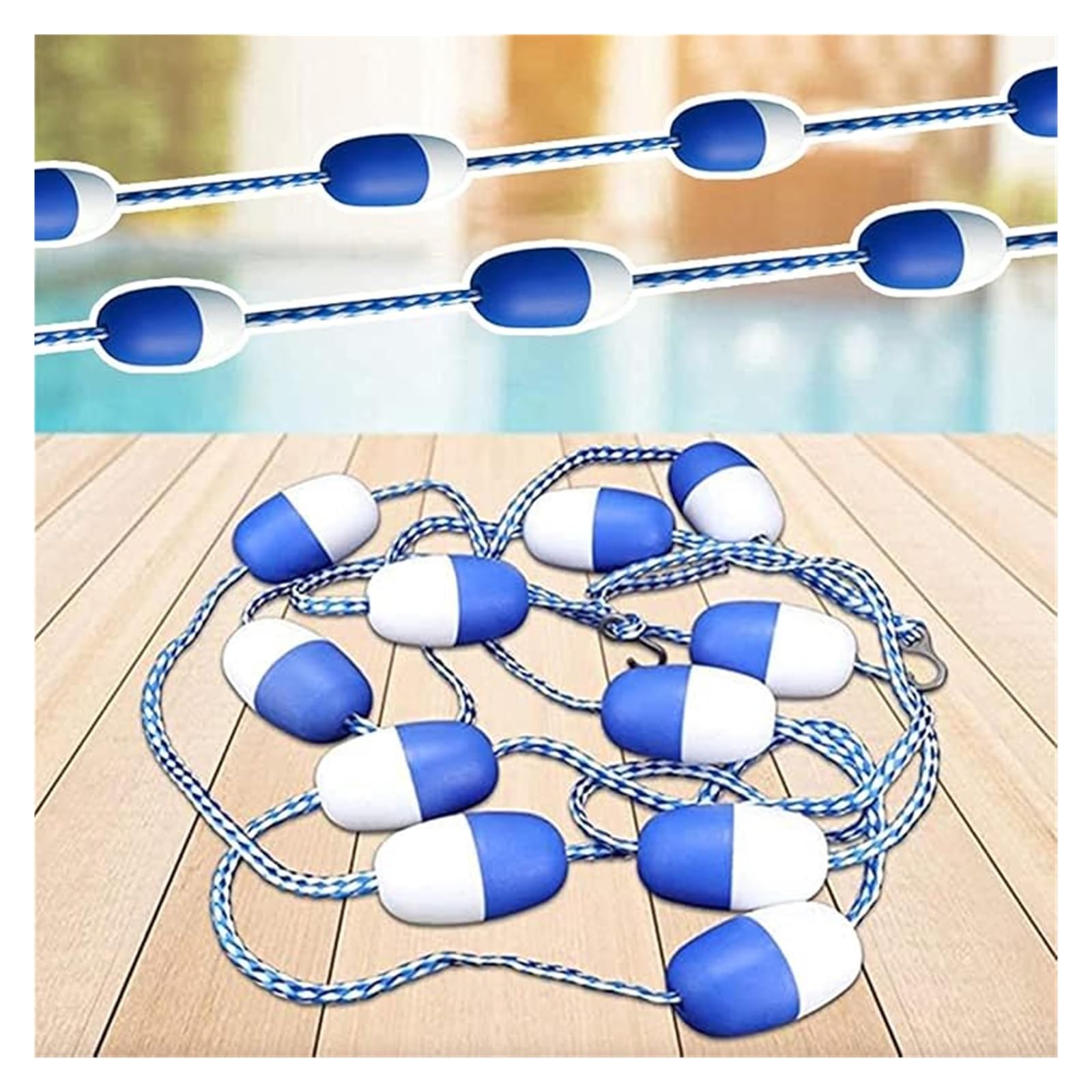 BYZOMU Floating Pool Divider Rope 10ft 20ft 30ft 40ft 60ft 75ft, Pool Lane Divider Floats with 2 Hooks, Safety Pool Division Cordon, Blue White Pool Buoy Kit(100ft/30.5m)