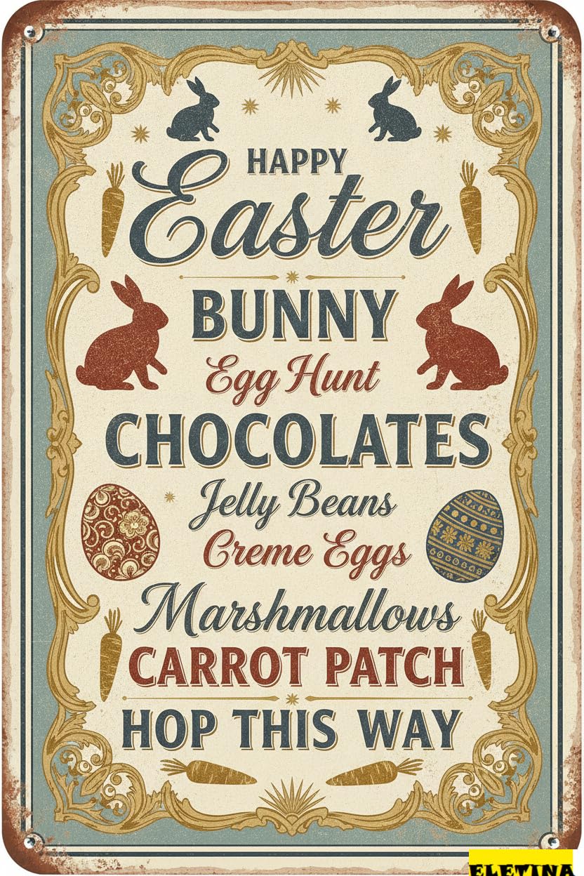 Happy Easter Bunny Tin Sign, 8x12 Inch Decor