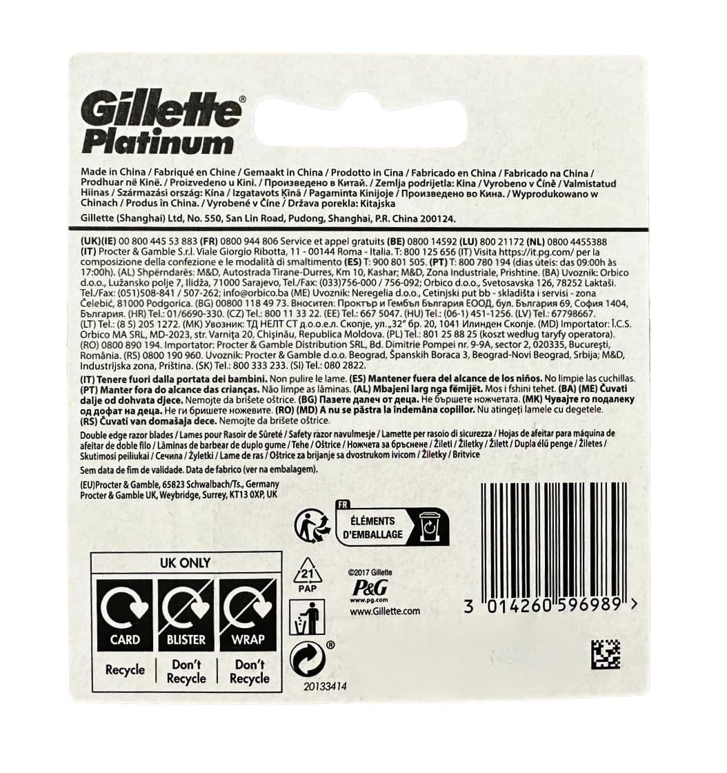 Gillette per Rasoio di Sicurezza, Lamette Barba Platinum con 50 pezzi di Ricambio, Rasatura Profonda e Confortevole in Acciaio Inossidabile e Filo Trattato al Platino