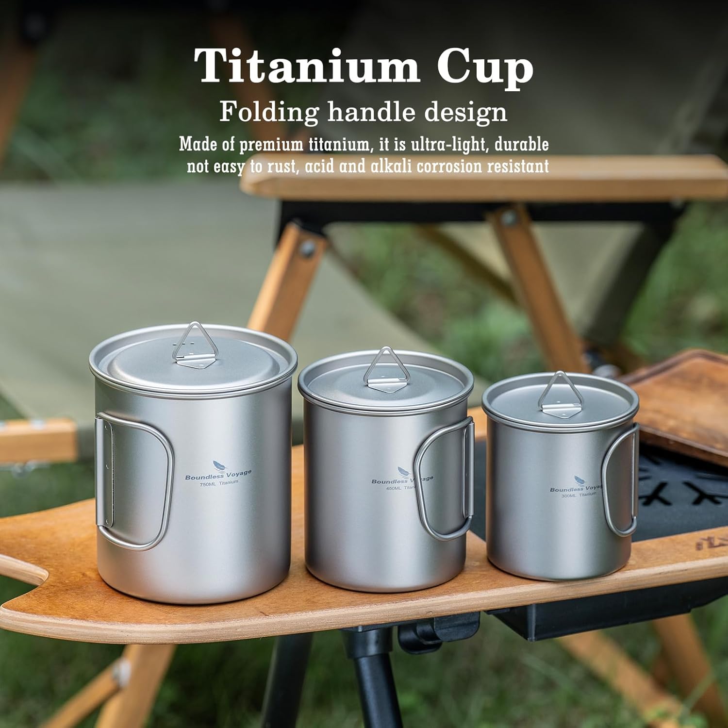 Boundless Voyage Titanium Camping Mug with Lid 300ml 450ml 750ml Lightweight Folding Handle Cup for Outdoor Backpacking Hiking Travel Durable Portable (3 Pcs Set)