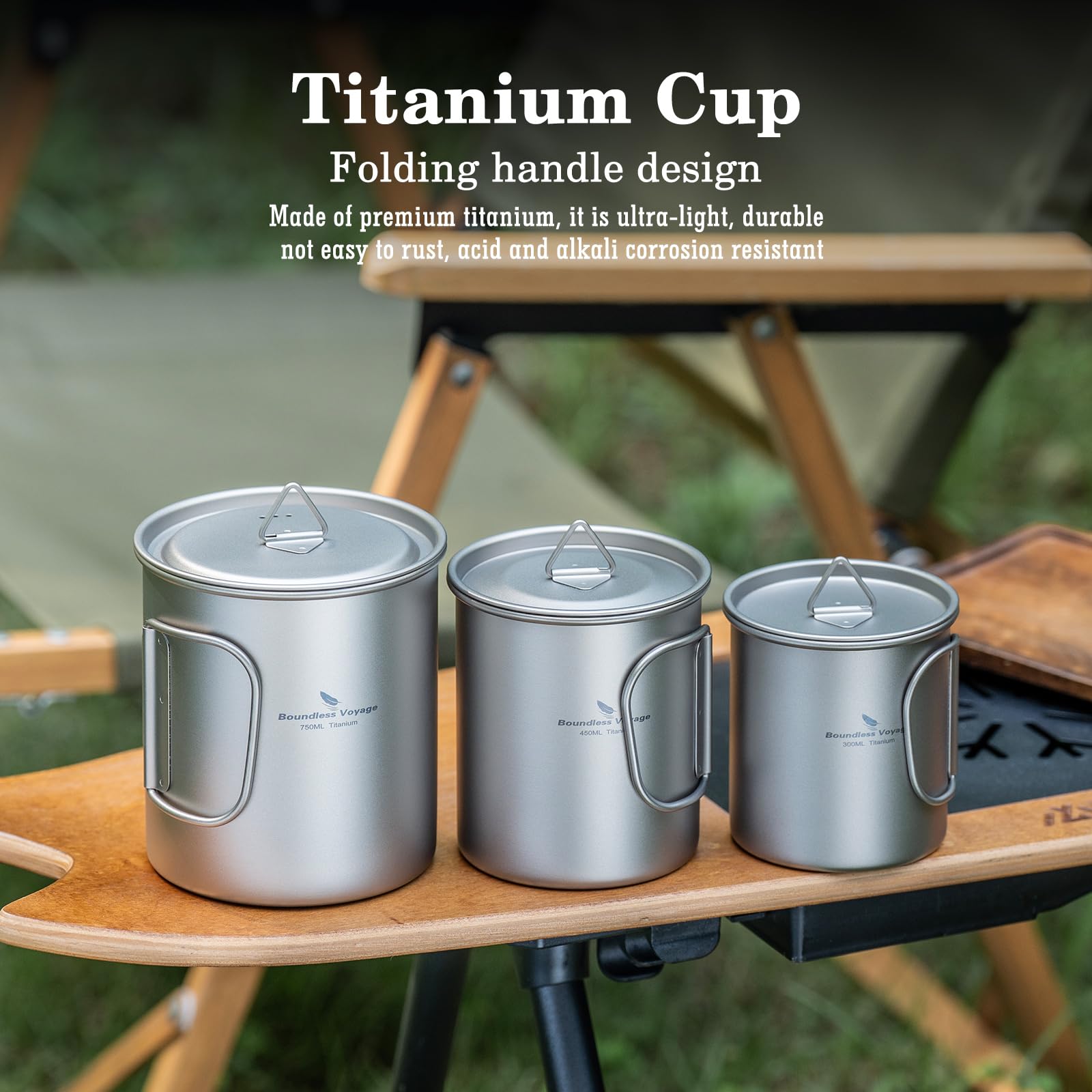 Boundless Voyage Tytanowy kubek z pokrywką na zewnątrz tytanowy lekki kubek do kawy na piesze wędrówki z plecakiem kemping (Ti3250D-300ML+450 ml + 750 ml)