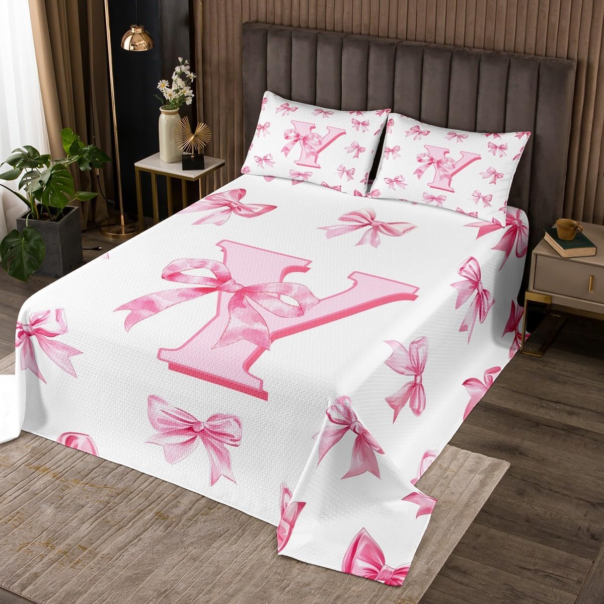Erosebridal Initial Letter C Coverlet Sets Pink Monogrammed Bowknot Quilt Set Queen,Dreamy Princess Bow Bedspread Sets for Kids Girls Teen Women,Kawaii Girly Bowknot Bed Set,2 Pillow Cases