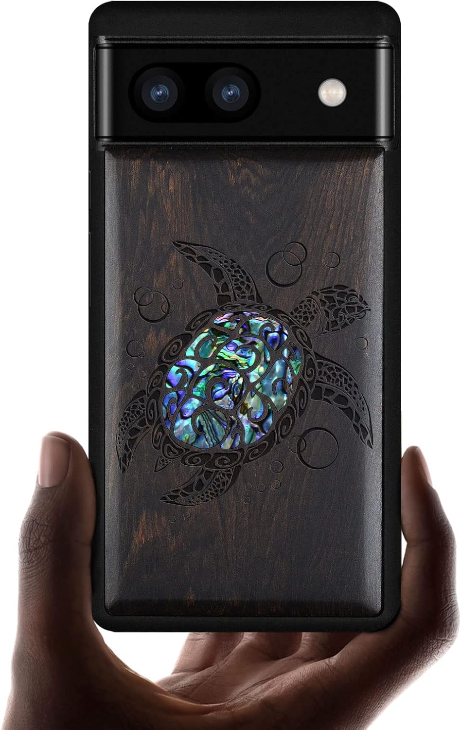 Carveit Designer Wooden Case for Google Pixel 6a Case Protective Cover [Real Wood Engraving & Shell Inlay] Unique Wood Phone Case Compatible with Pixel 6a (Sea Turtle-Rosy)