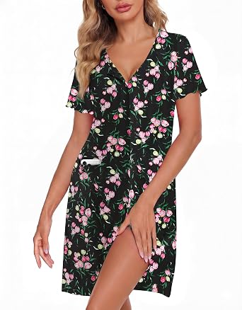 ZOOSIXX Nightgowns for Women - Short Sleeve Sleepwear Button Up Pajamas for Women V-Neck Sleepwear Dress with Pockets