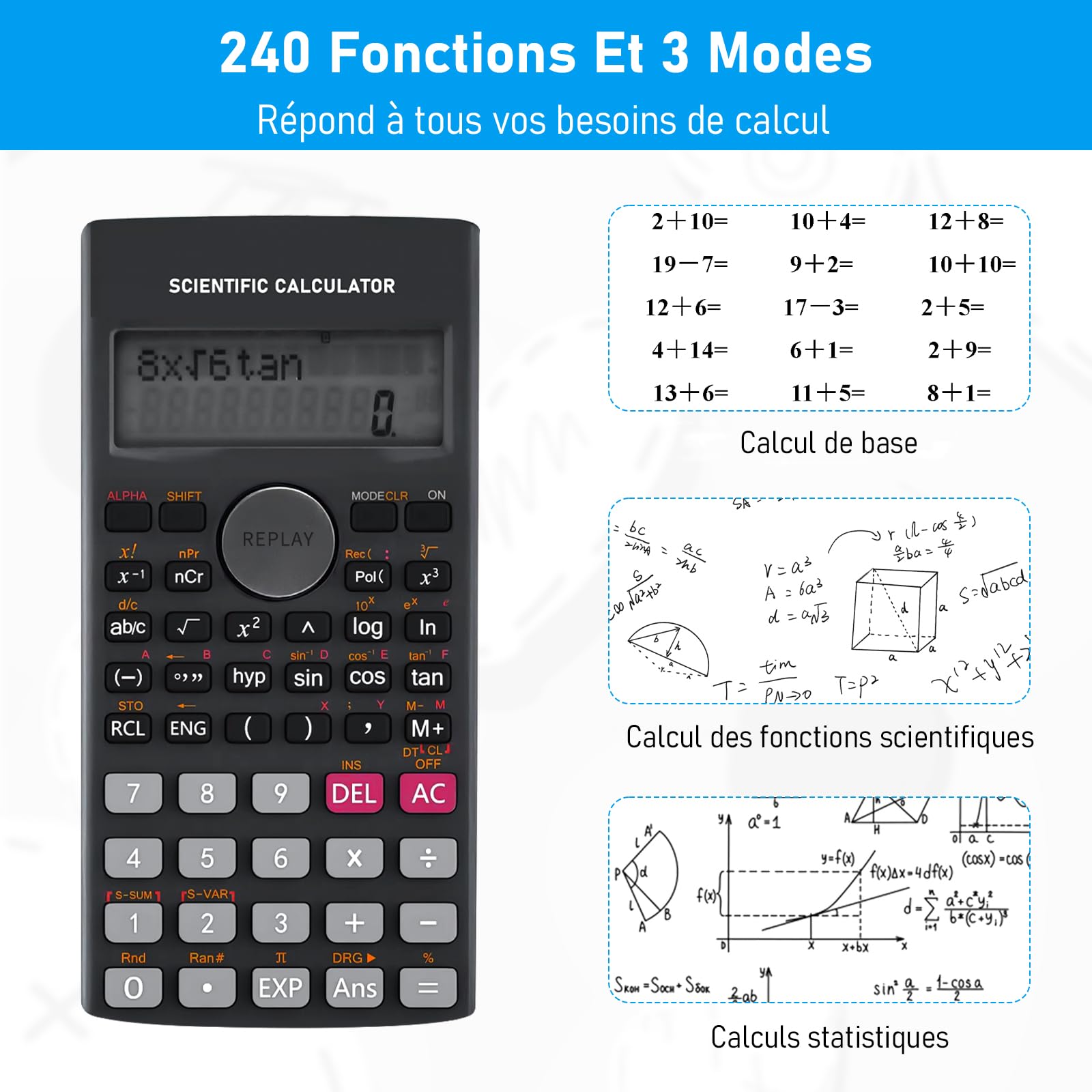 Lot de 10 Calculatrices Scientifiques, Affichage 2 Lignes, 240 Fonctions – pour Classe, École, Formation, Bureau – Noir