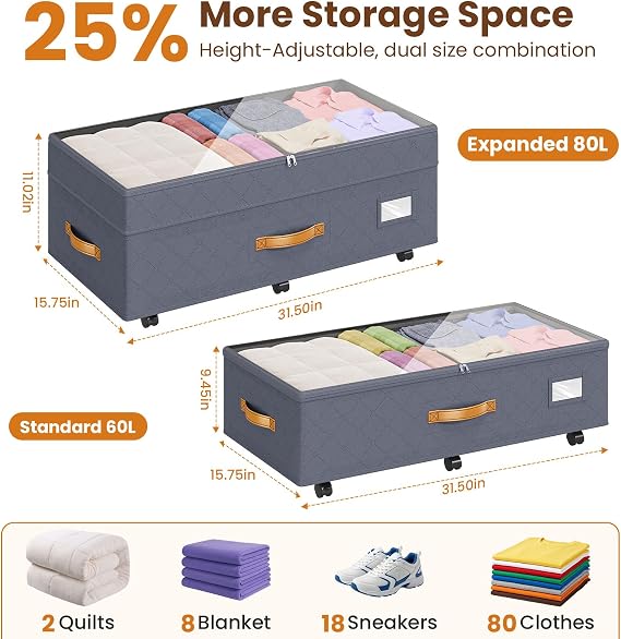 Budding Joy 80L 2 Pack Adjustable Under Bed Storage Containers with Wheels