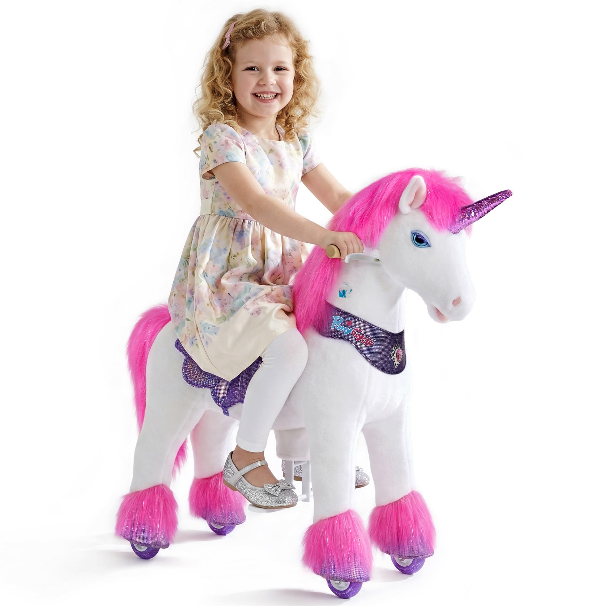 PonyCycle Modèle Y Avancé Licorne à Monter avec Sons Magiques pour Enfants 4-7 Ans, Licorne Rose en Peluche à Roues avec Frein, Jouet Mécanique pour Anniversaire des Filles - Y452