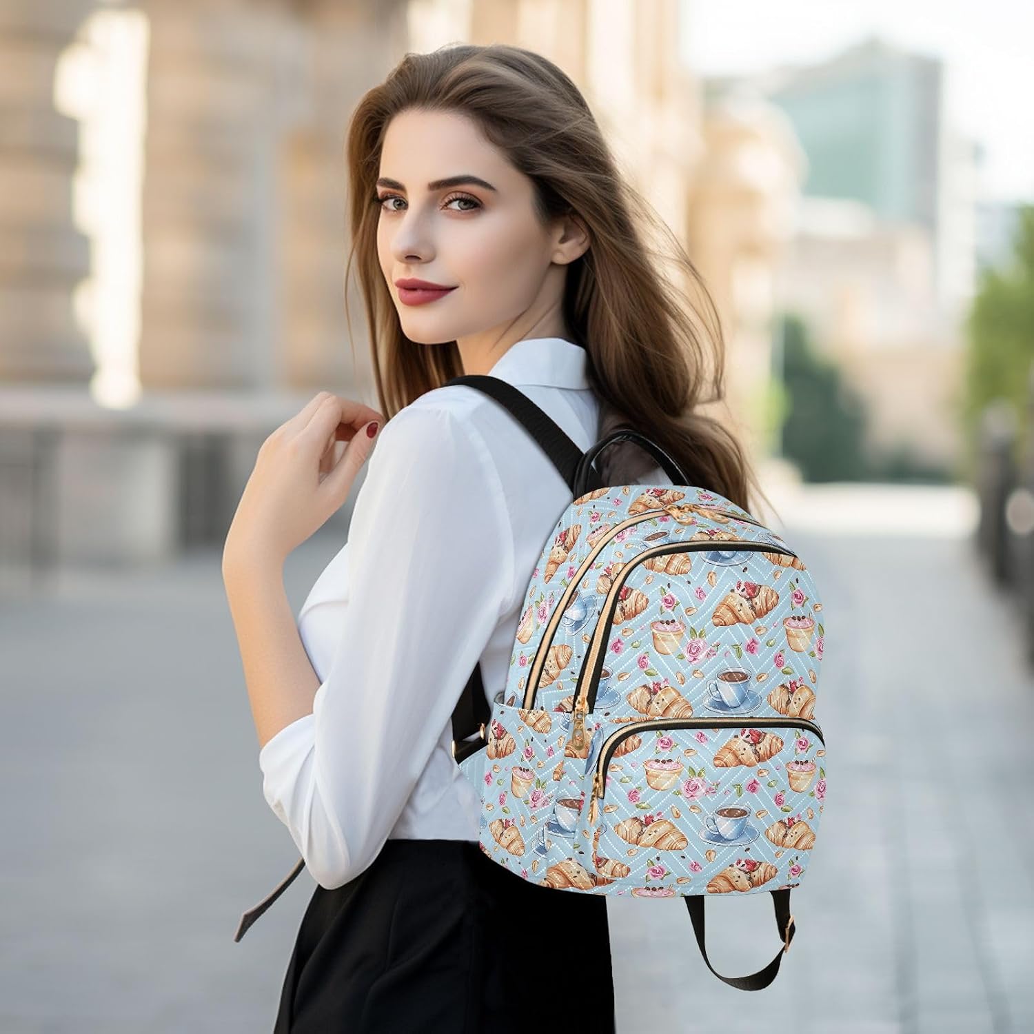 Rose Coffee Cup Bread Floral Backpack Purse for Women Shoulder Bag Fashion Daypack Ladies Handbag Lightweight Travel Bag Rucksack