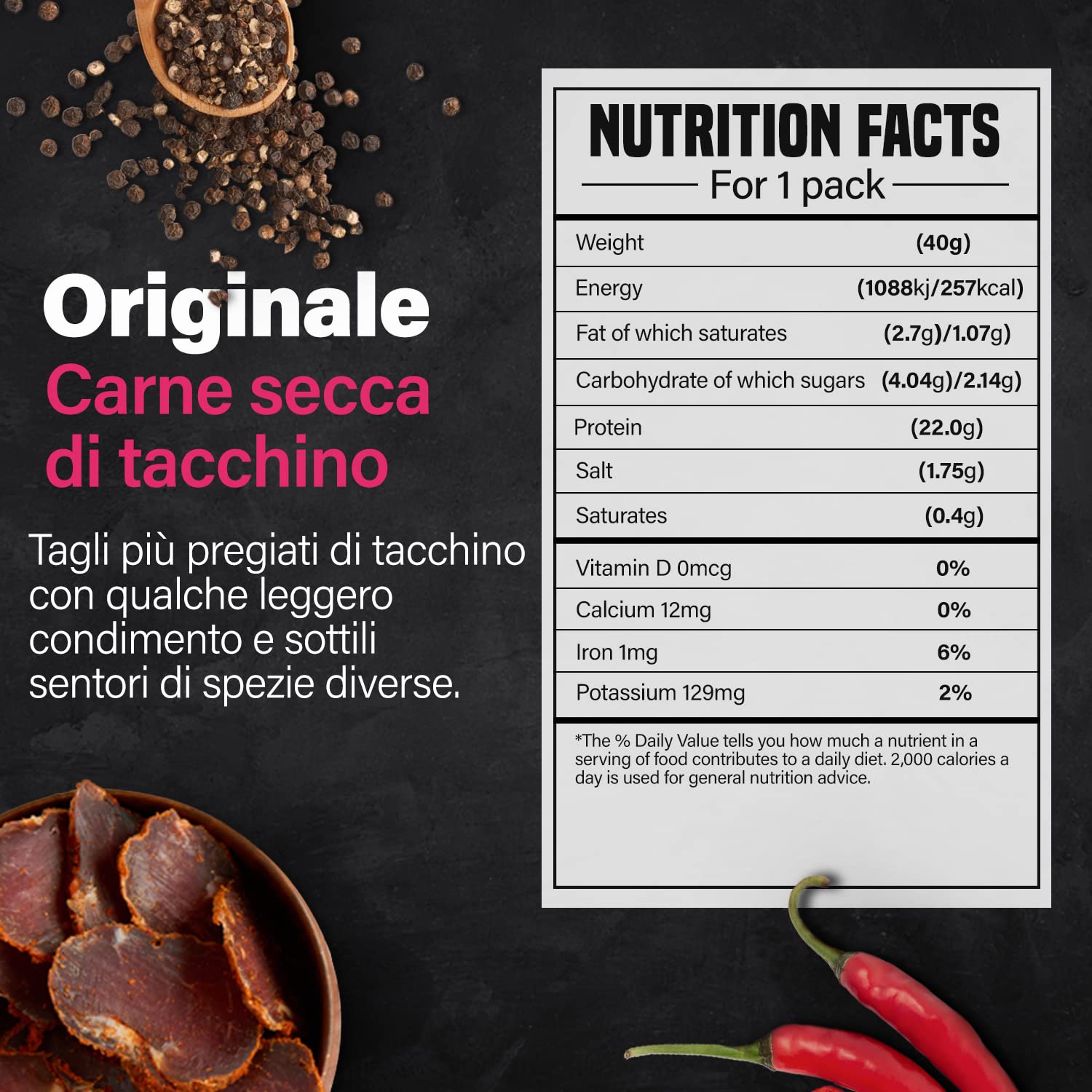 THE MEAT MAKERS 100% Turkey Jerky 7x40g Sostituto del frullato proteico ideale per l'ufficio, vita attiva, post allenamento. Carne Essiccata Snack Proteici, Jerky Chips, Carne Secca