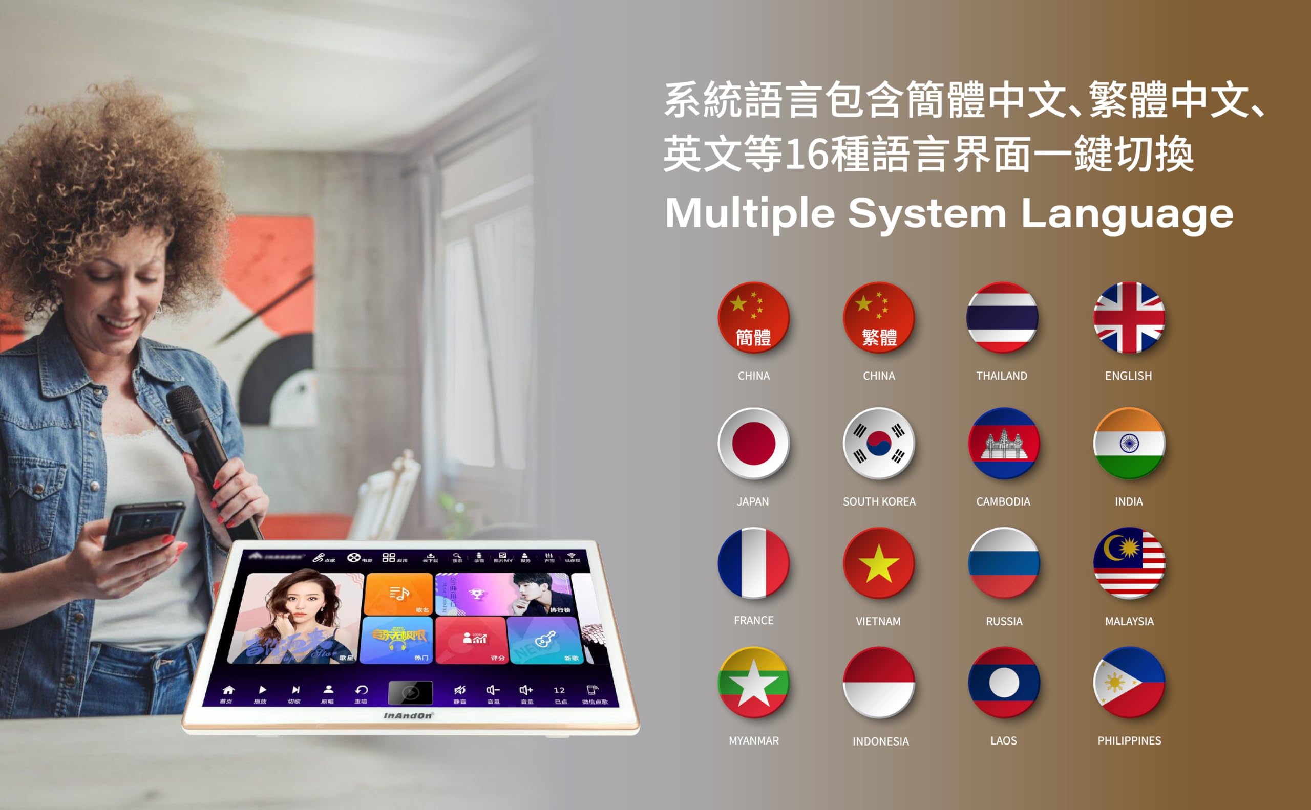 Sistema Karaoke con Touch Screen, Mixer e funzione Eco, connettività WiFi, compatibile con app, lettore karaoke intelligente, display da 18,5 pollici