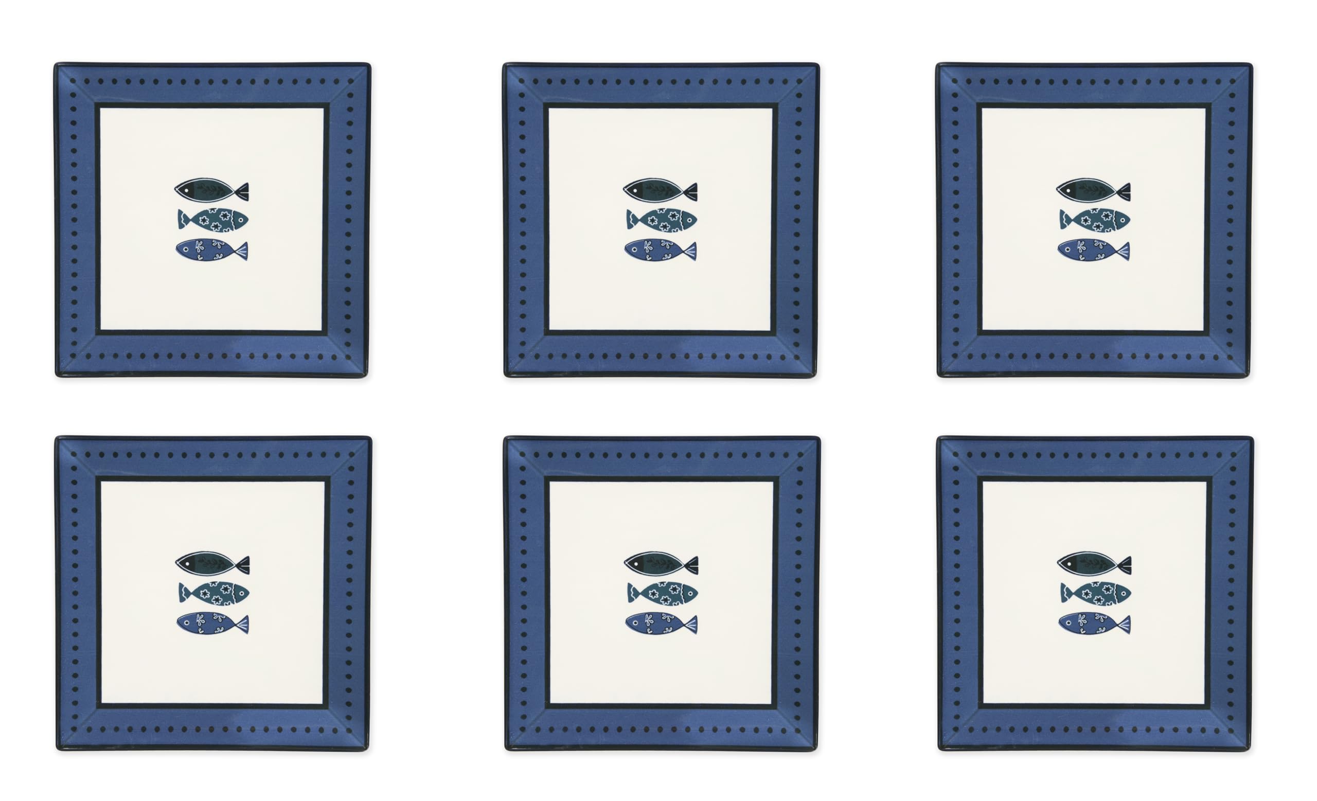 Excelsa Ocean, Set 6 Piatti in Ceramica, 24x24 cm, Decorazione Pesci Blu, Rettangolare