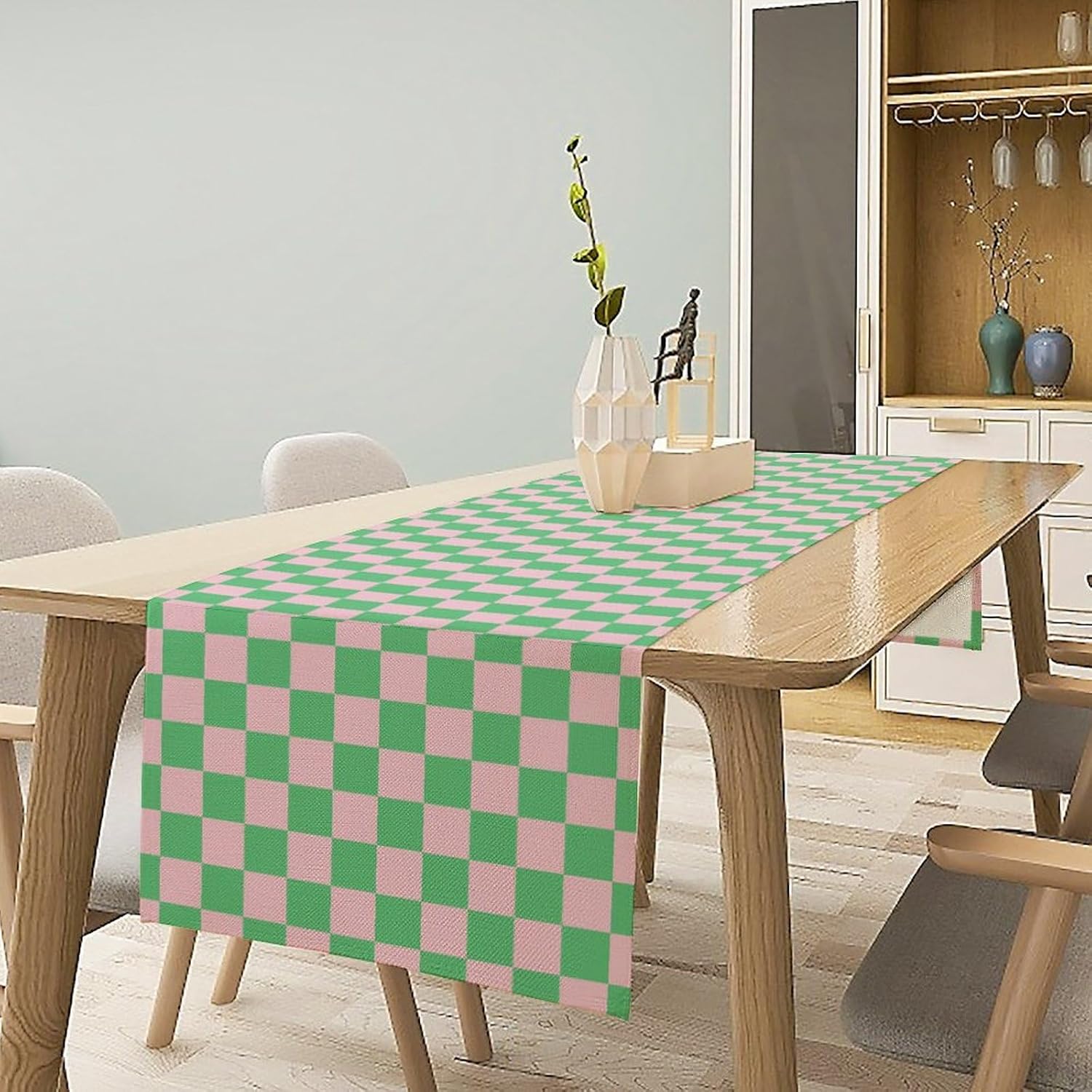 Retro Checkered Table Runner, Cute Pink Green Checkerboard Vintage Hippie Modern Aesthetic Table Runner for Party Kitchen Dining Home Outdoor Banquet 13x120in