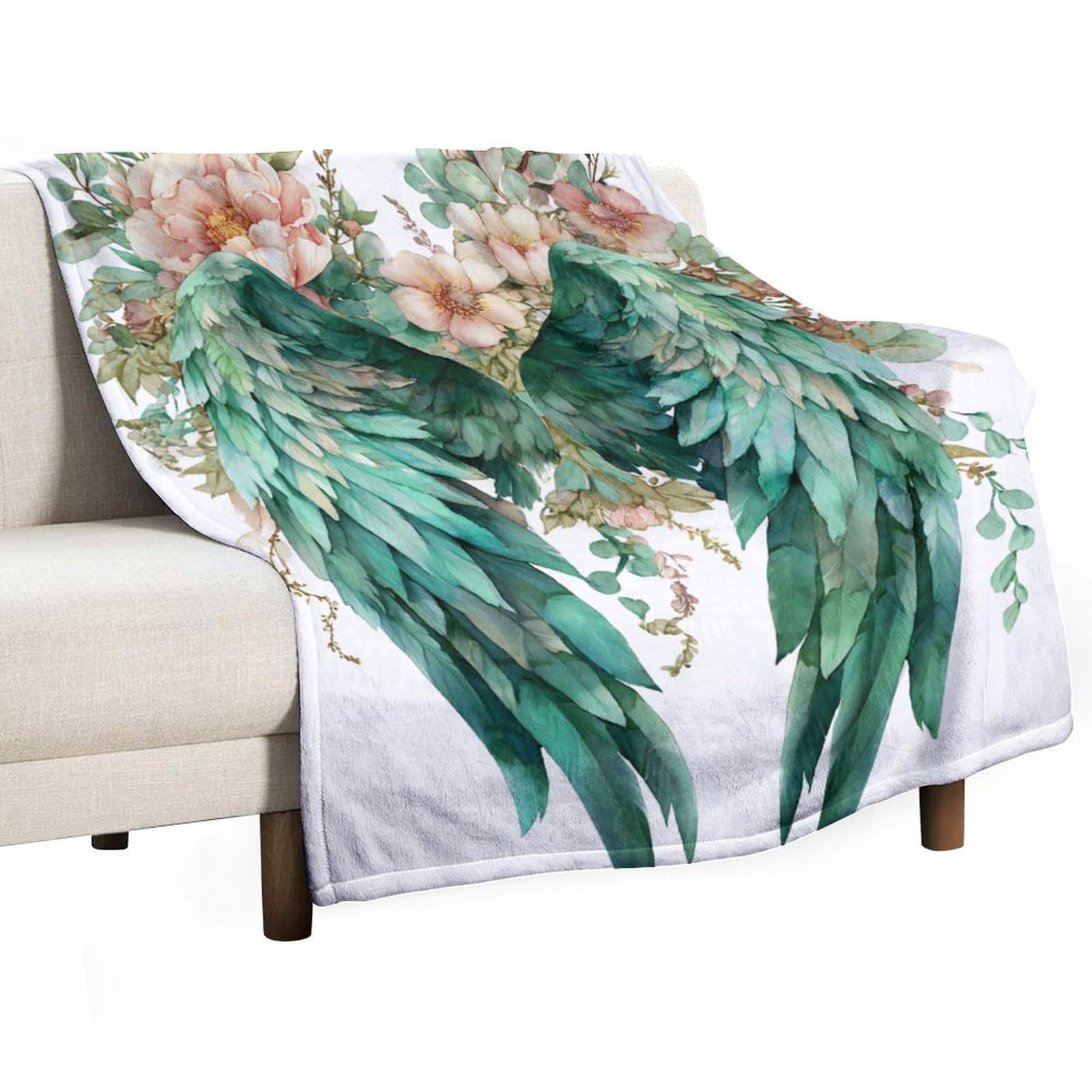 Jubonexis Pair of Watercolor Wings with Botanical Anti Pilling Throw Blankets Cozy Durable Blanket for Bedroom Living Rooms Couch Sofa Bed 130x150cm(50x60in)