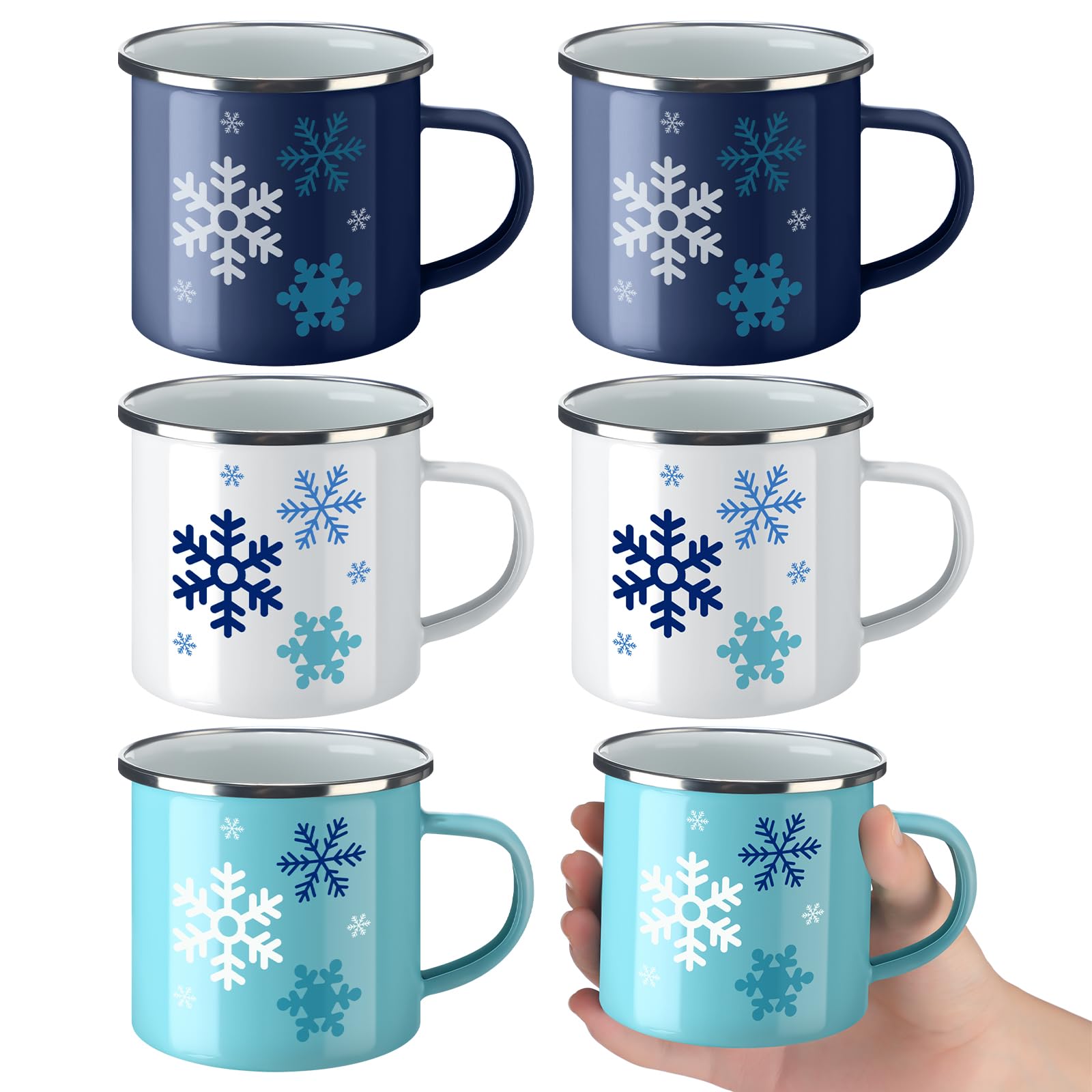 Baderke Emaille-Tassen-Set für den Winter, 325 ml, Schneeflocke, Weihnachten, Emaille-Tassen, blau und weiß, Schneeflocken-Trinkbecher mit Griffen, für heiße Schokolade, Urlaub, Party, Geschenkzubehör