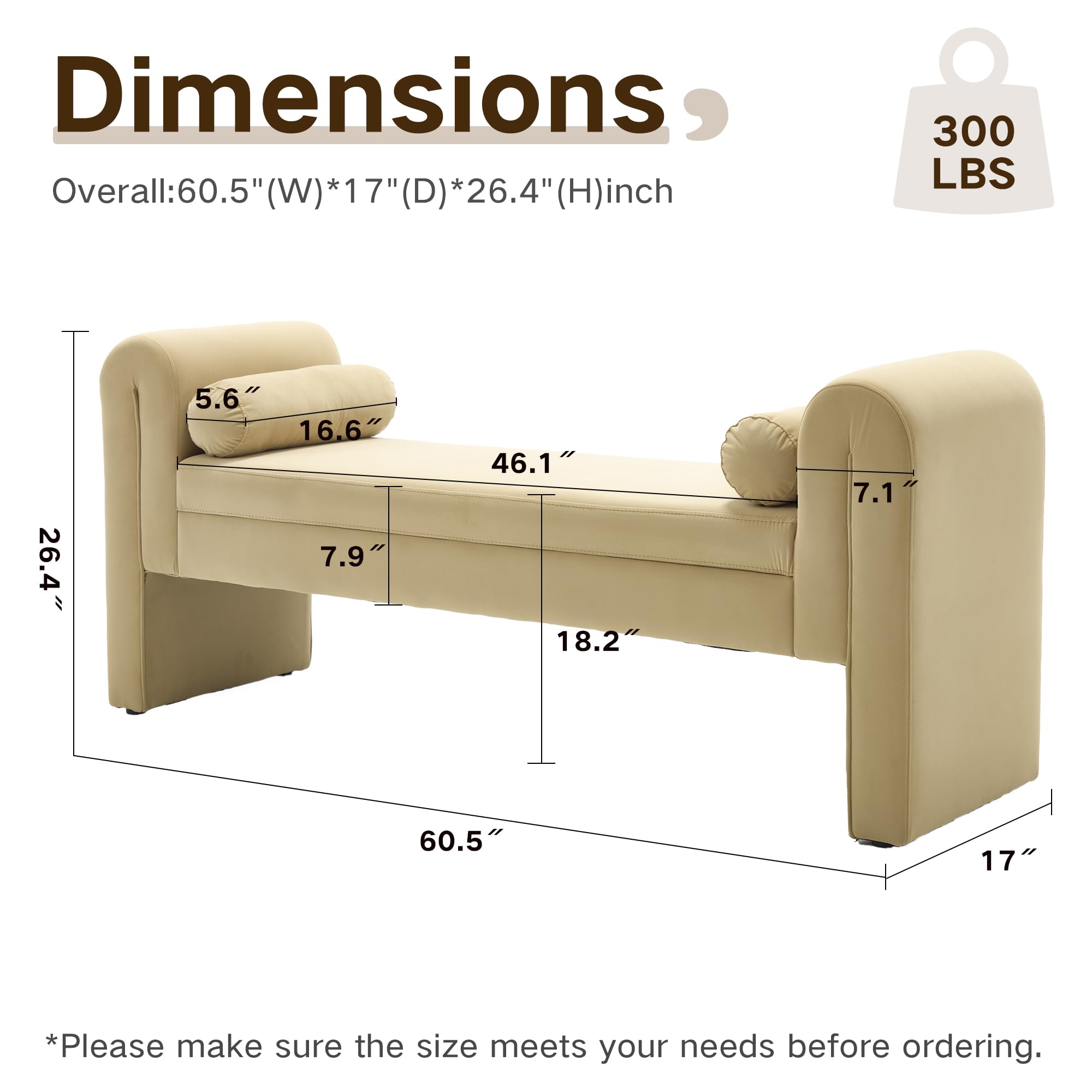 Hdxdkog Storage Bench for Bedroom End of Bed, Velvet Upholstered Rolled Armed Button Tufted Sofa Stool Bench, Storage Ottoman Couch Long Bench with Solid Wood Legs ()