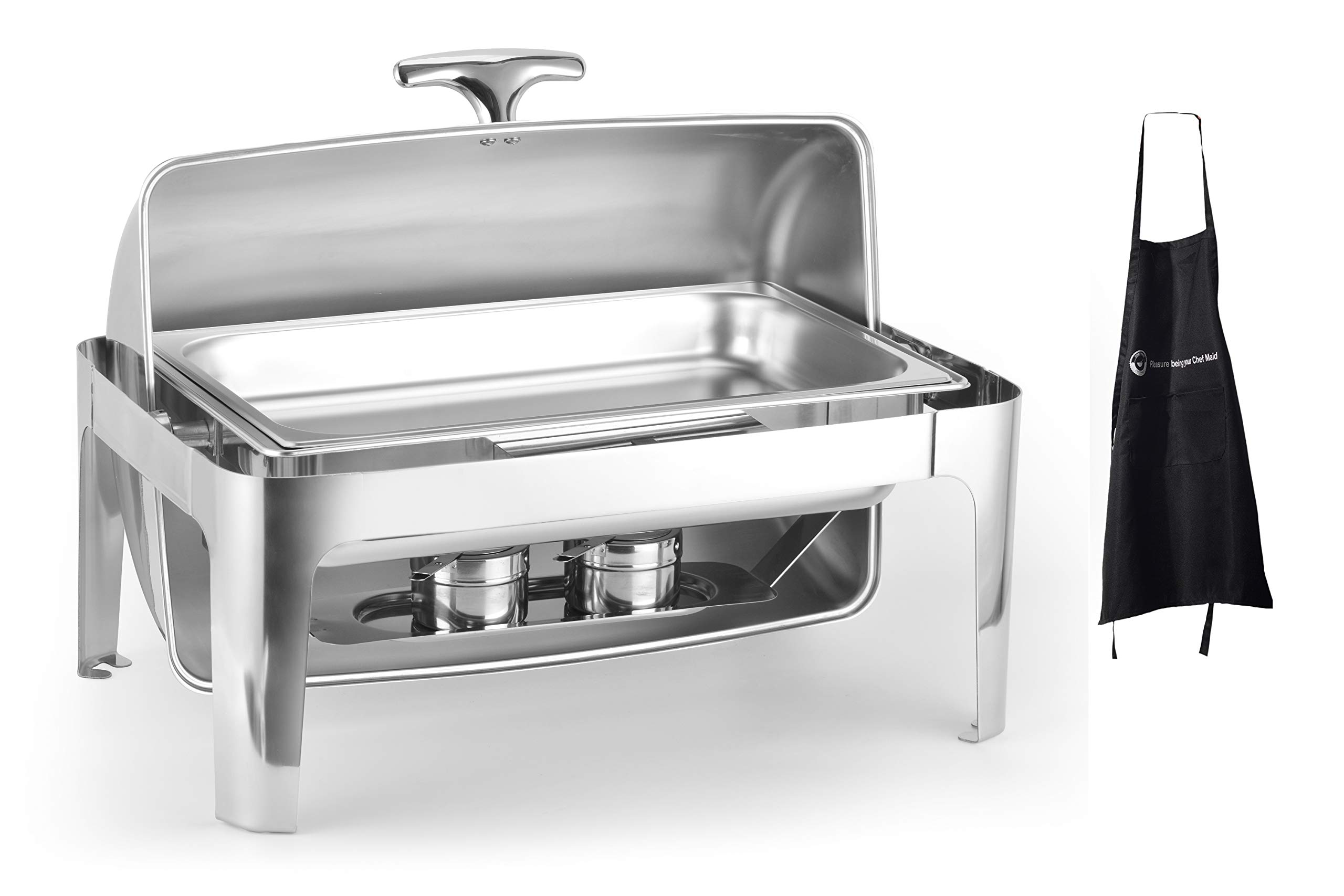 ChefQ 8qt Roll Top Chafing Dish - Durable Full-Size Chafer Stainless Steel - With Food/Water Pan and Fuel Holders, Mirror Finished Buffet Food warmer Set For catered events + Apron