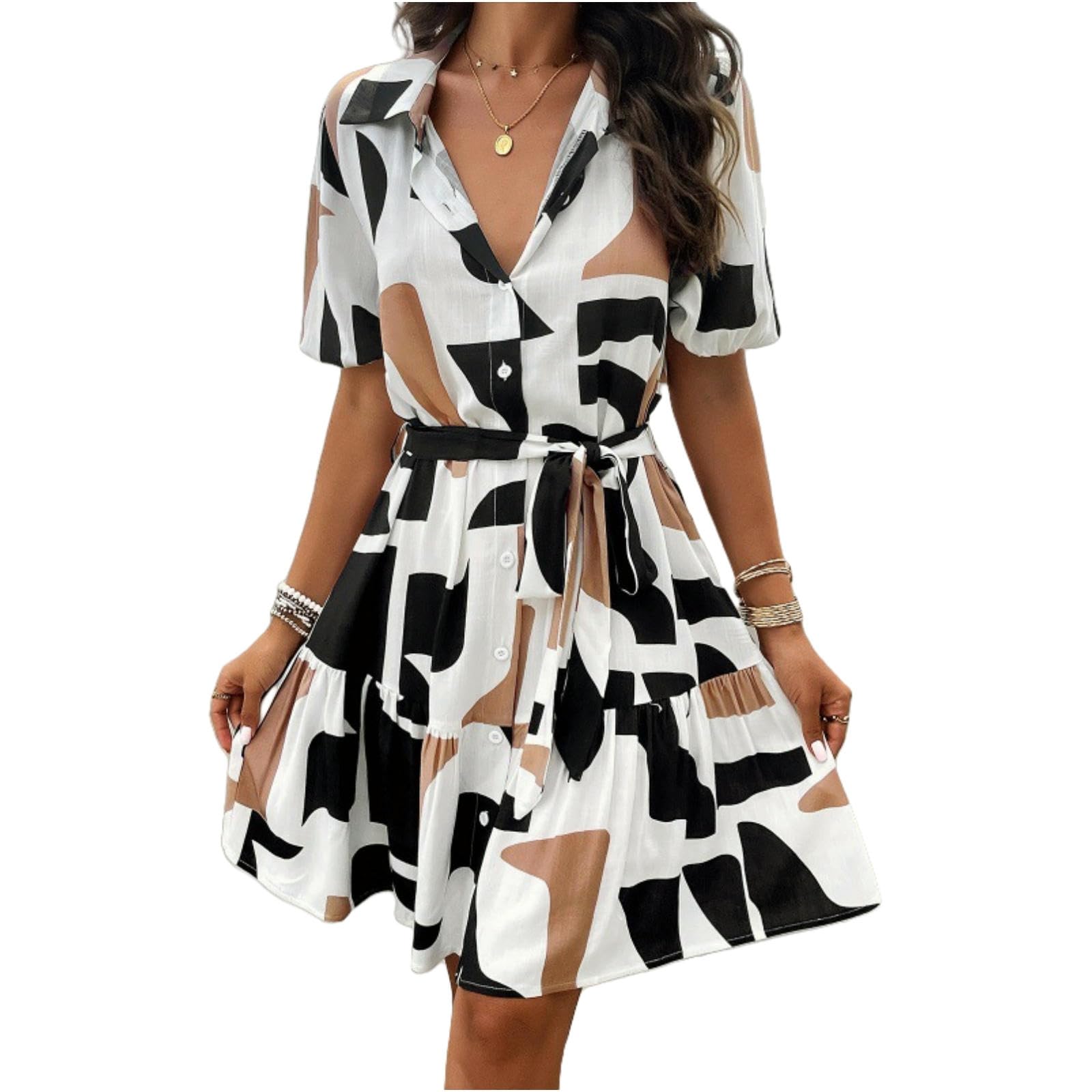 Summer Dresses For Women Women's Summer Dresses V-Neck Button Short Sleeve Printed Dress Casual Pleated Beach Waist Dress