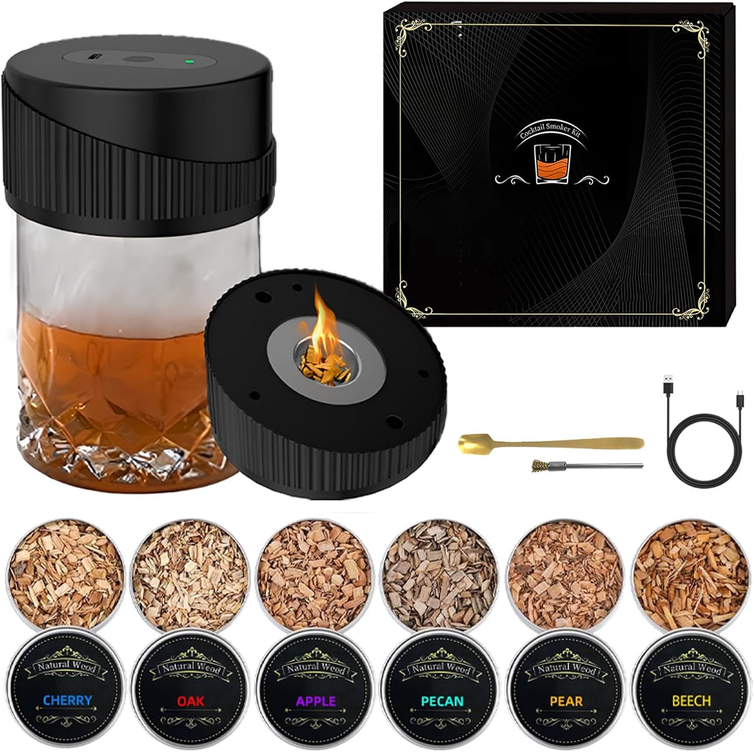 Electric Whiskey Smoker Kit, Rechargeable Flameless Cocktail Smoker with 6 Wood Chips & LED Light, Flameless Bourbon Smoker,Ideal Easter Gifts Birthday Presents for Men,Dad,Husband (No Butane)