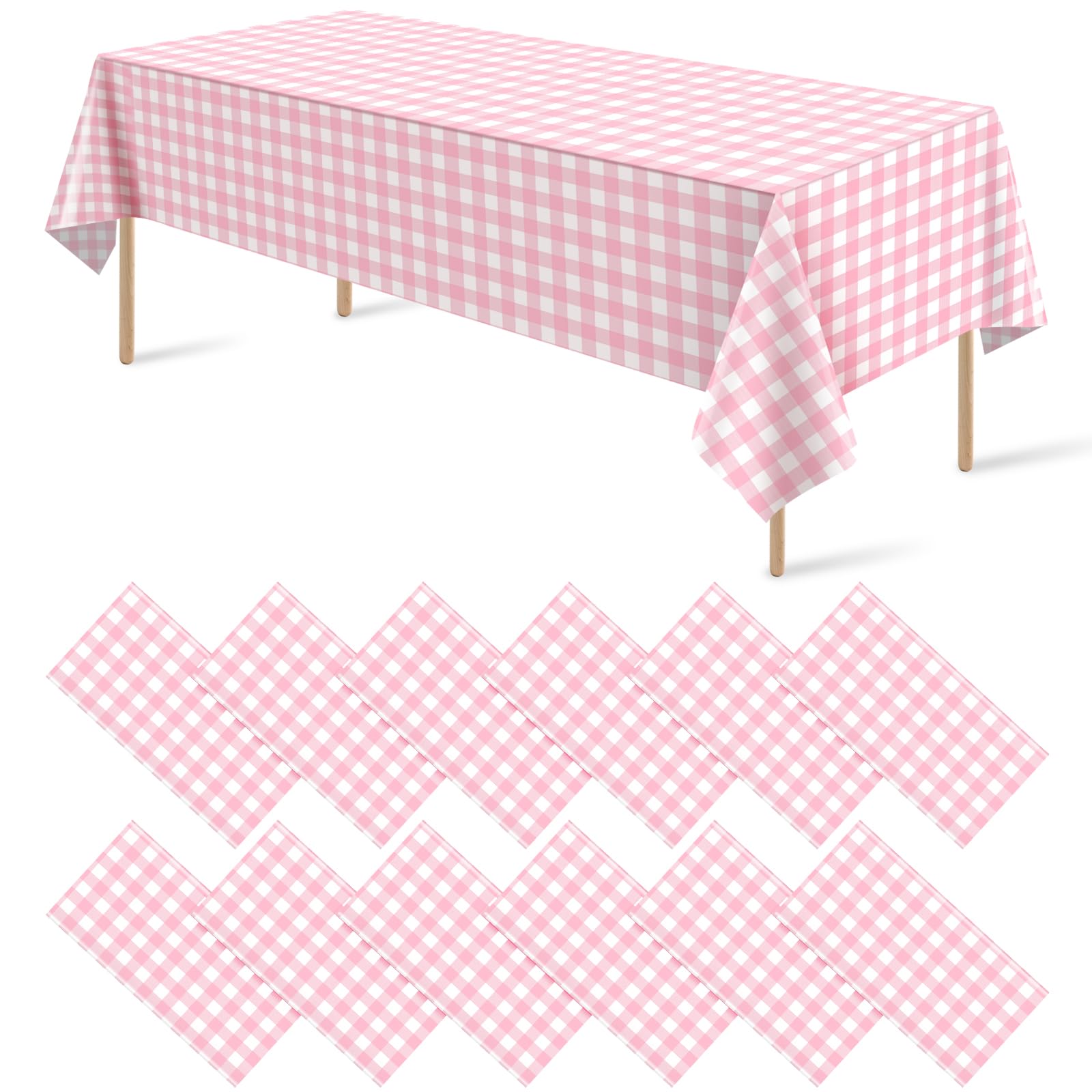 12Pack Pink and White Plastic Checkered Tablecloth, Premium Decorative Disposable Pink Gingham Plaid Table Cloths for Parties, Rectangle Party Table Cover for Picnic Farm Birthday Wedding, 54x108 Inch