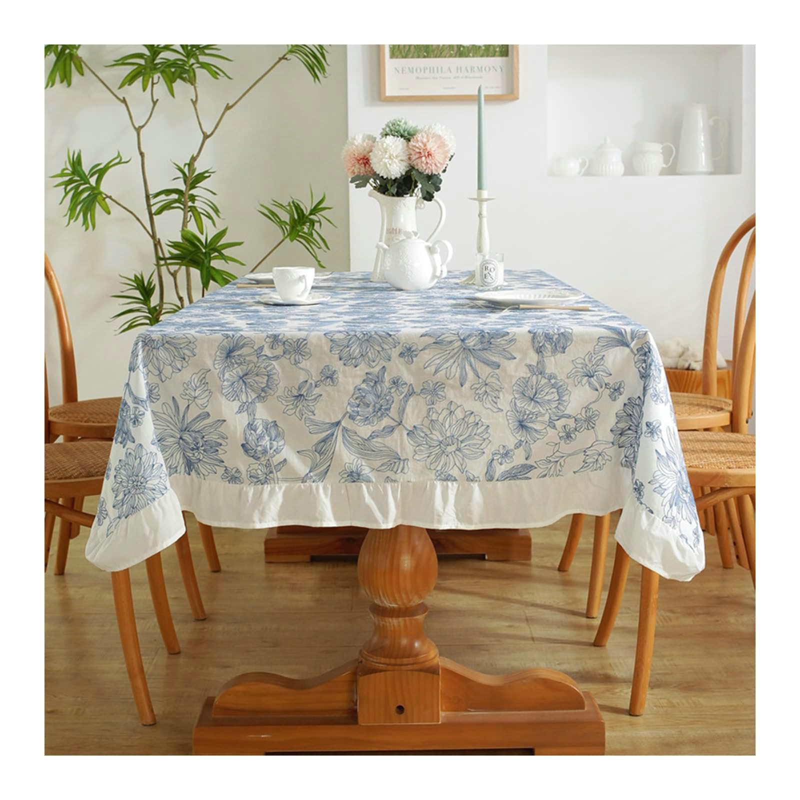 Gualiy Tischtuch Quadratisch, Tischdecke 100x140CM Baumwolle Tischdecke Abwaschbar Waschbar Stickerei Blume Tischdecken für Esstisch, Blau Weiß