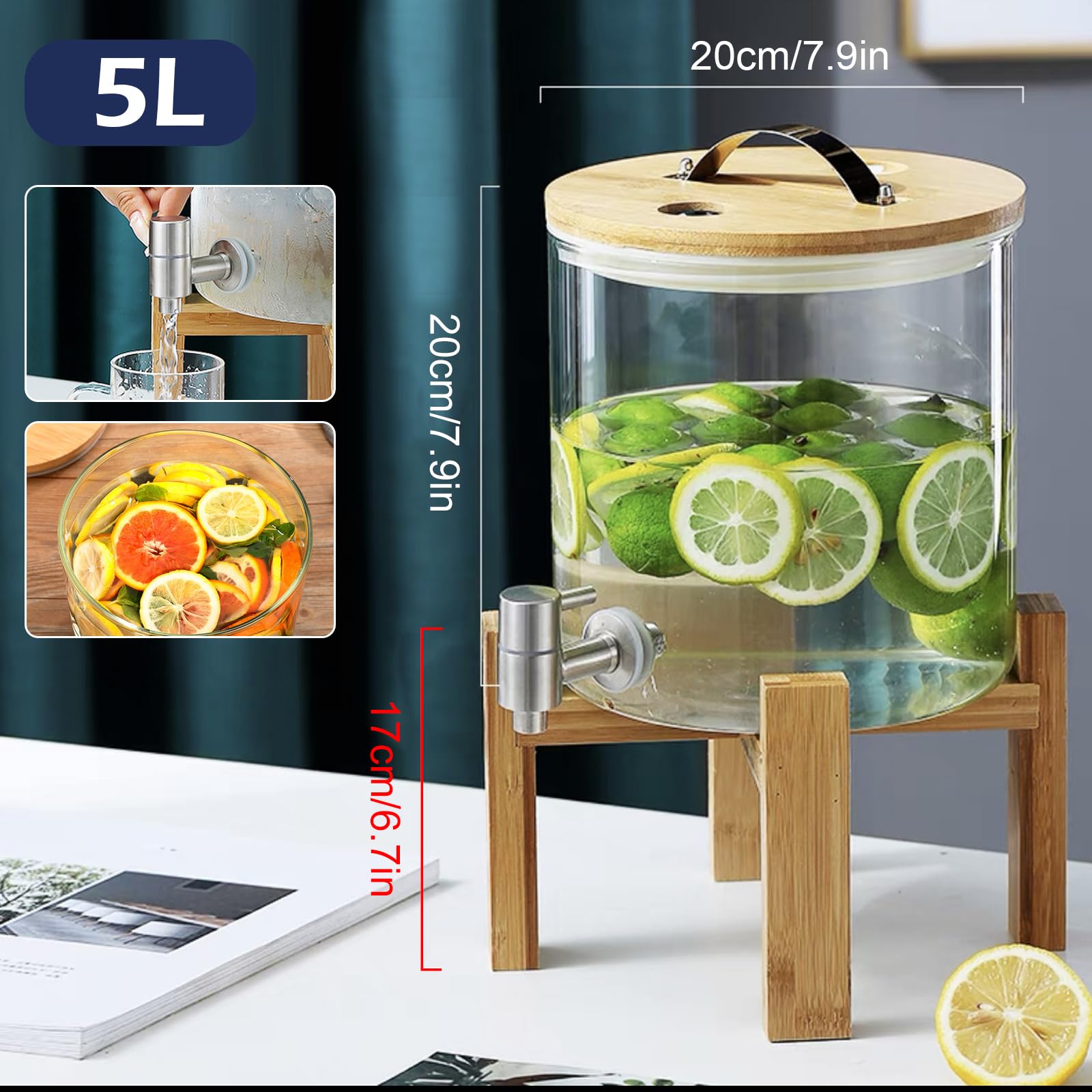 Dispensador de bebidas en forma de barril, 3 L/4 L/5 L, cristal con soporte, decantador de barril con grifo, dispensador de alcohol, ideal para vino, whisky, cerveza, zumos de limonada, regalos para