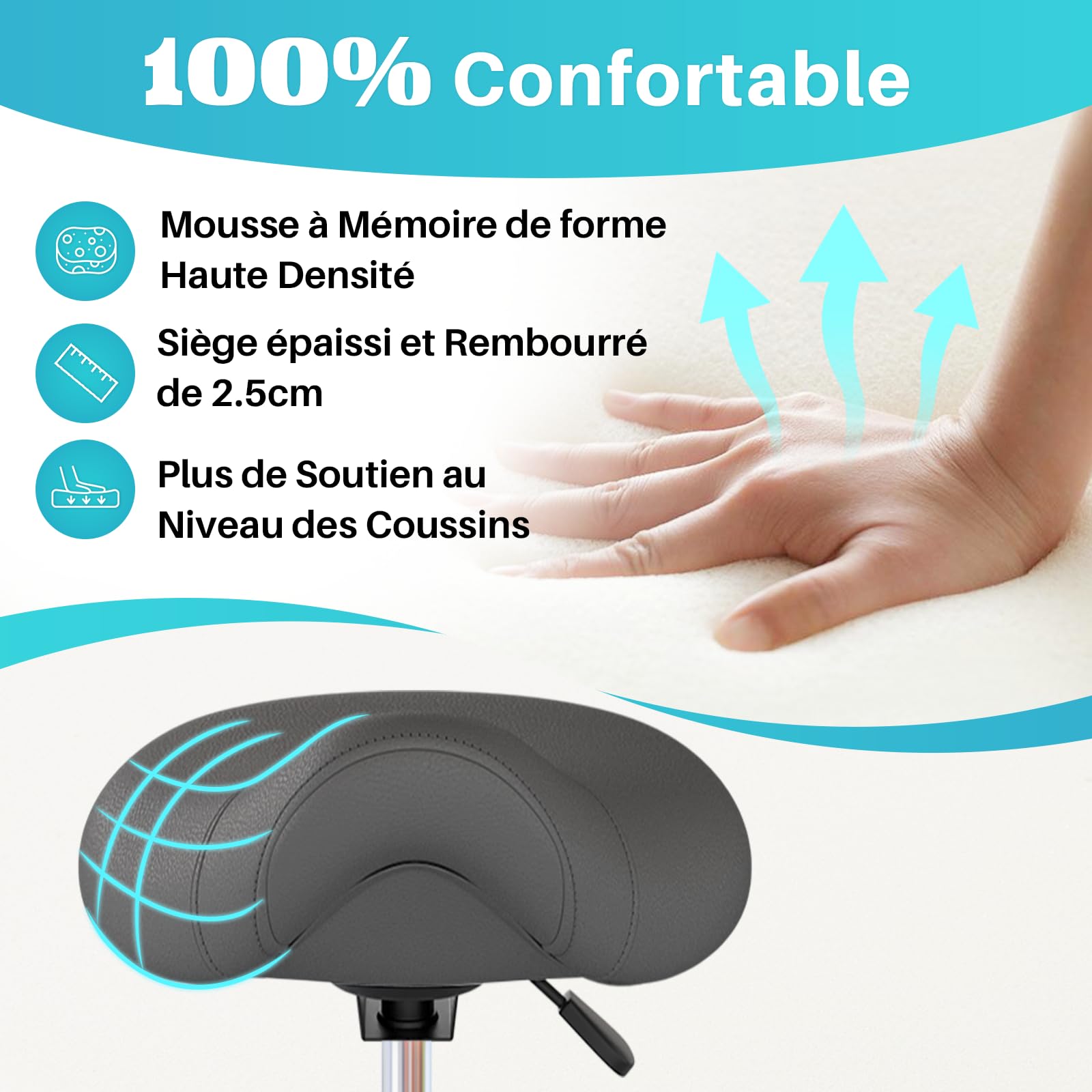 YEEZEE - Taburete de sillín de caballo ergonómico con ruedas para oficina, color gris | Antimal de espalda, comodidad óptima, altura 46-59 cm, capacidad 150 kg, taburete ruedas para peinado, tatuaje, dental