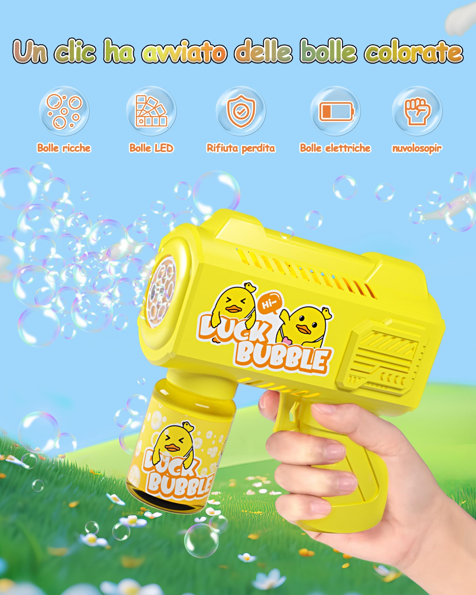 Pistola a Bolle per Bambini, Automatica Macchina di Sapone con 4 Pezzi Soluzione Bolla, 5000 + Bolle/Min, Luce LED, Estate per Festa/Spiaggia/Compleanno/Matrimonio