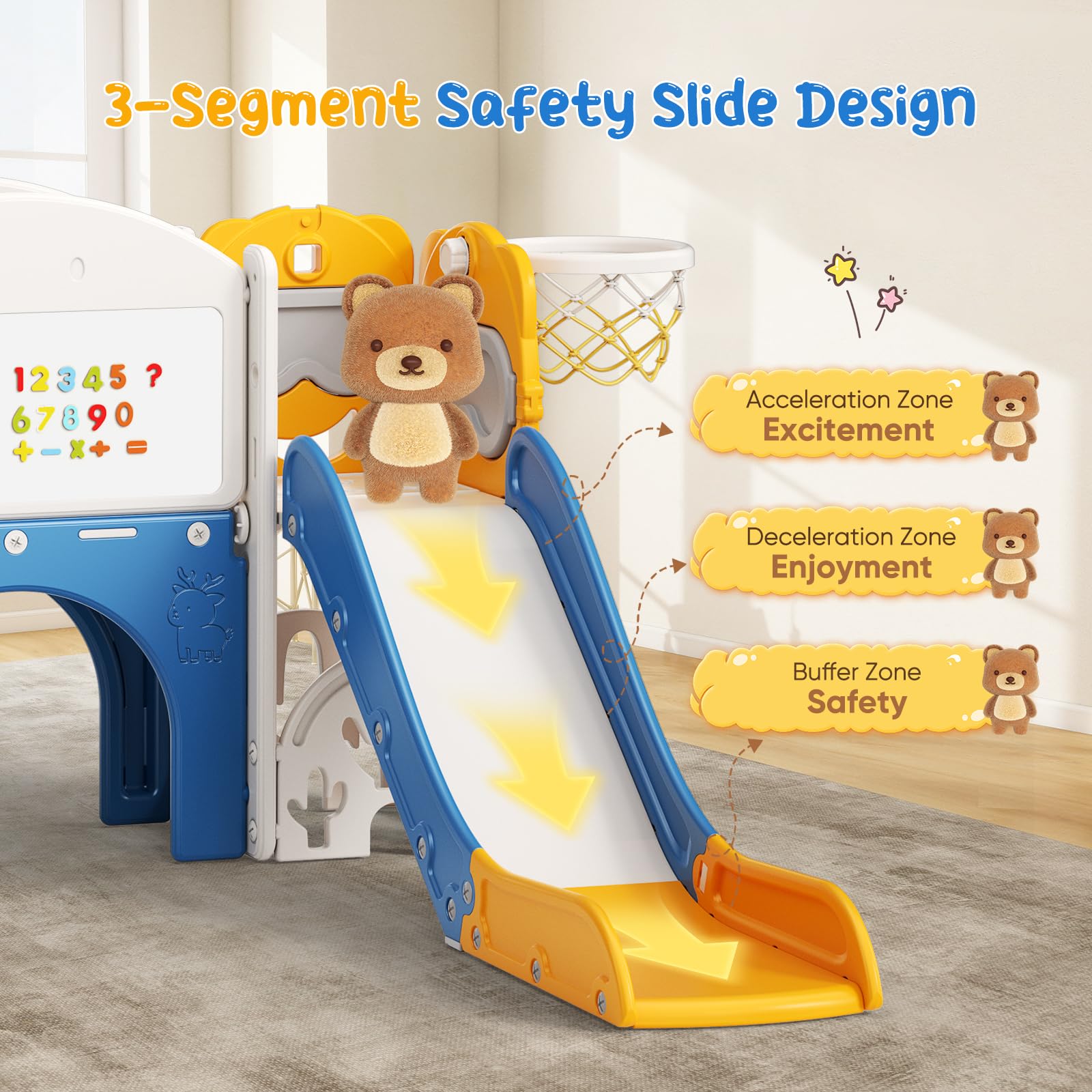 Slide per bambini ispessiti e allargati, scivolo per bambini piccoli indipendente con canestro da basket, attrezzatura per parco giochi con scivolo, per uso in/esterno (Blue arancione 7 in 1)