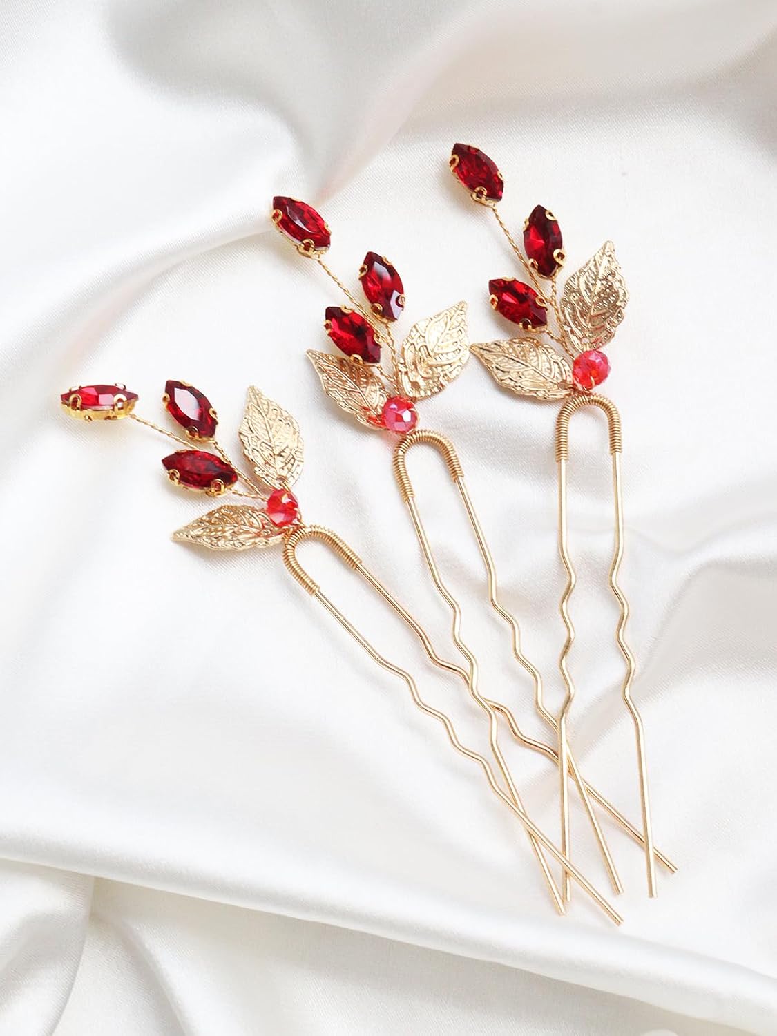 Vintage Gold Leaves Bridal Hair Pins 3PCS Wedding Hair Pieces for Brides, Handmade Crystal Hair Clip for Women Hair Accessories, Daily Party Prom Hair Decoration Bridesmaid Gifts(Red)