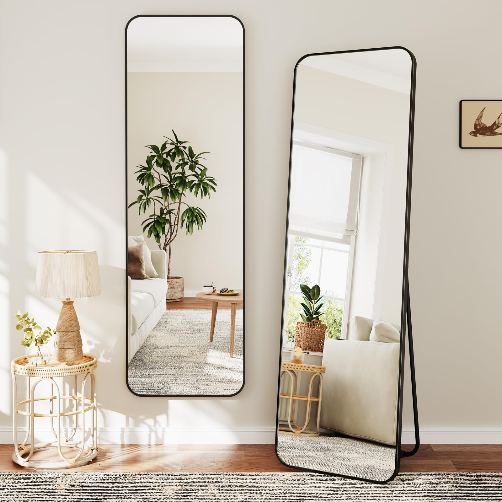 Dripex Grand Miroir 150x40cm Coins Arrondis Miroir Pied Suspendu Cadre Alliage Aluminium Noir