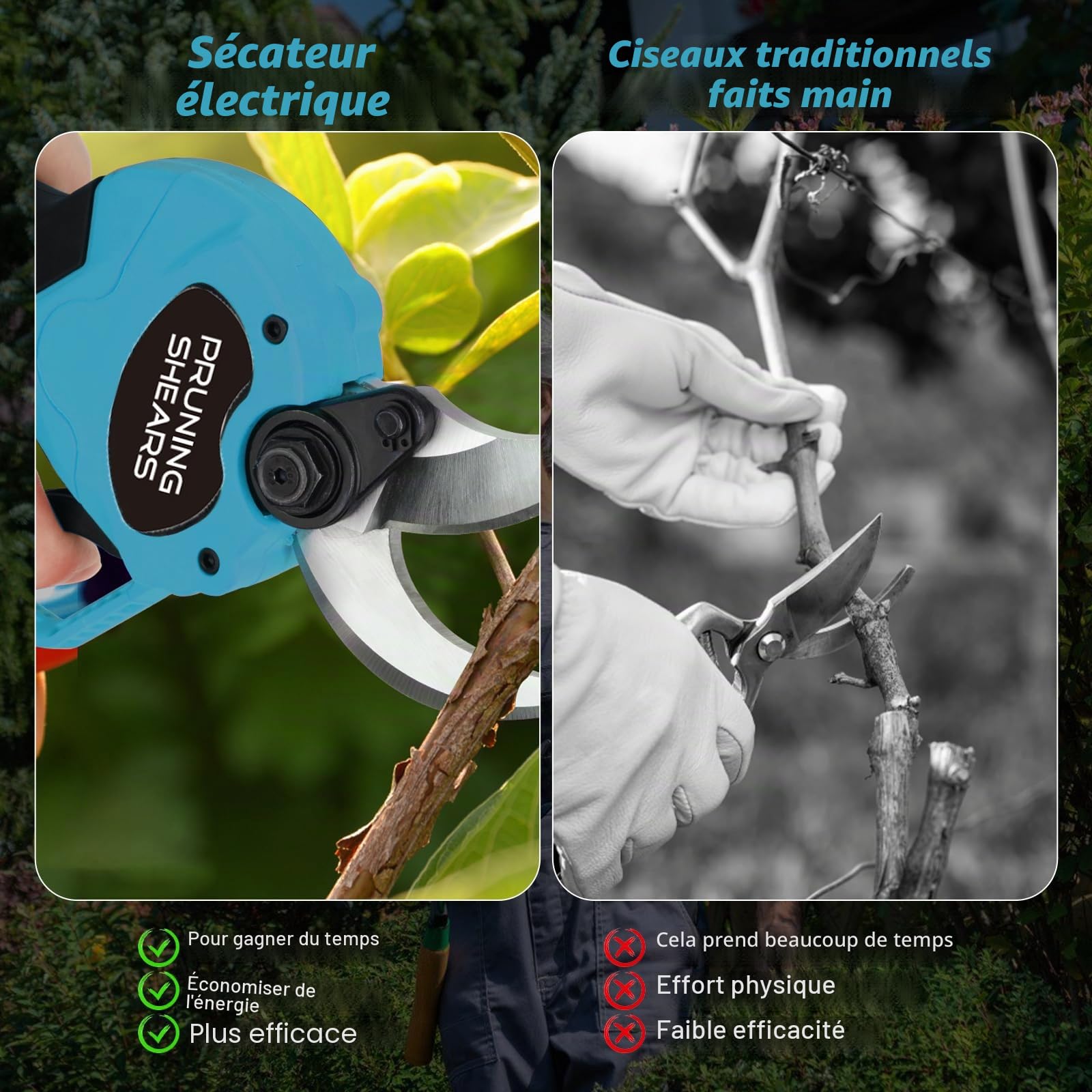 Sécateur électrique sans fil Nexalite 40 mm, 2x3000 mAh, lame SK5, sécurité | Coupe 40 mm; 2 batteries 3000 mAh; lame SK5 antirouille; double verrouillage; 1 kg, une main; verger/vigne/haies