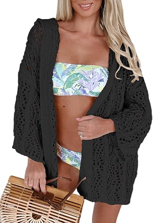 Womens Lightweight Crochet Cardigan Sweaters Long Sleeve Open Front Knit Summer Boho Hooded Beach Cover up