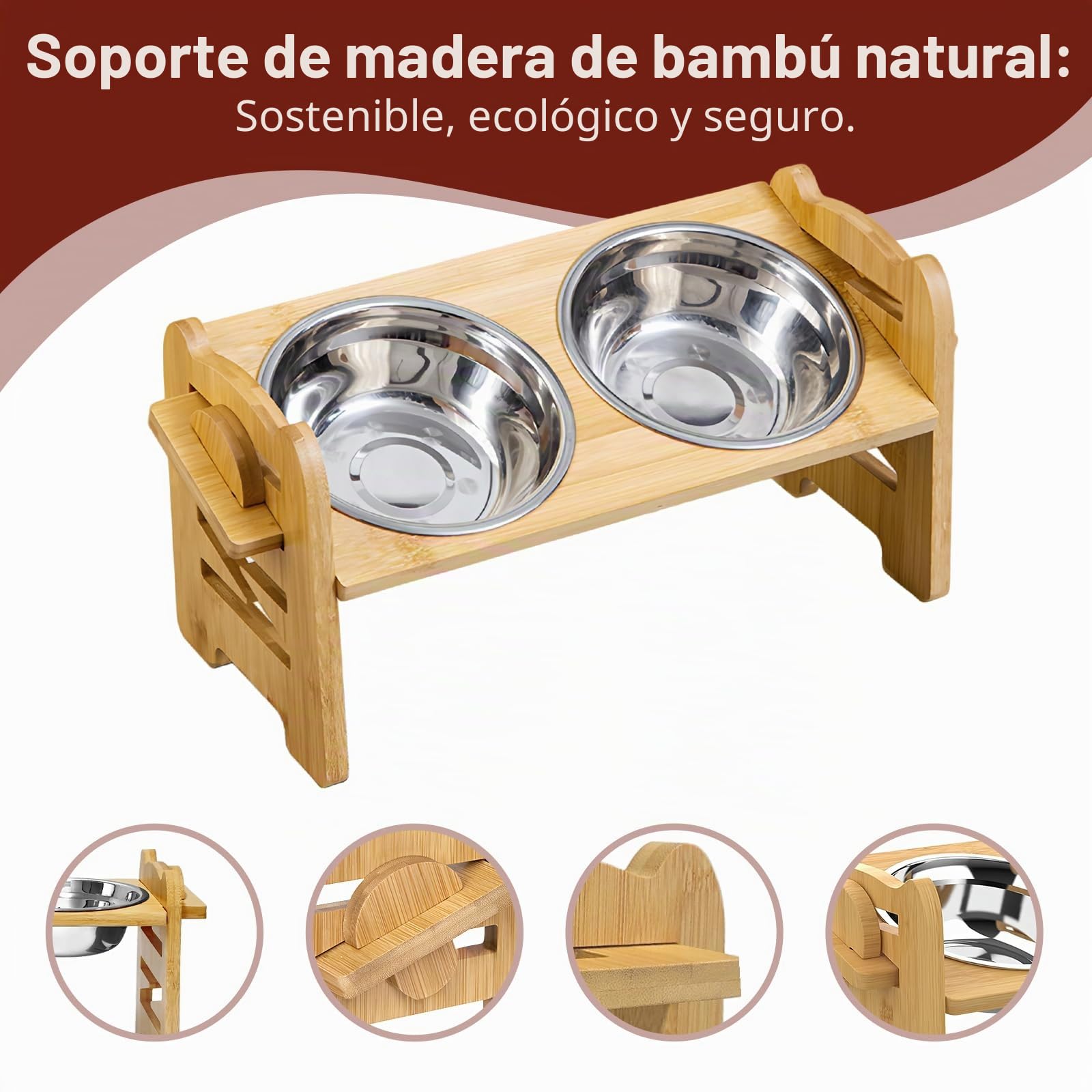 Comedero para perros ajustable en altura, comedero elevado, comederos para perros con soporte de bambú para perros pequeños y gatos, estación de alimentación antideslizante, cuencos de acero