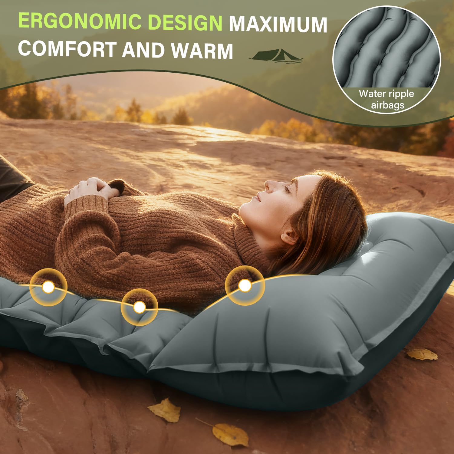 Camping Sleeping Pad with Pillow Built-in Foot Pump Inflatable Sleeping Pads Compact for Camping Backpacking Hiking Traveling - Gray