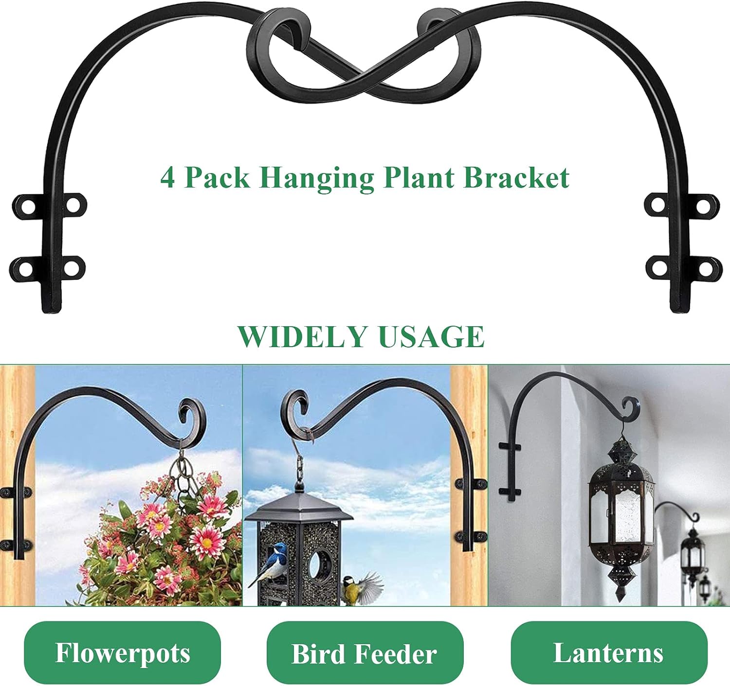 2 Pack Heavy Duty Plant Hanger Bracket, 16Inch Hanging Brackets for Plants Outdoor and Indoor, 80lbs Holding Capacity Metal Plant Wall Hooks, Black Hanging Plant Brackets for Flower Wind Bird Feeder