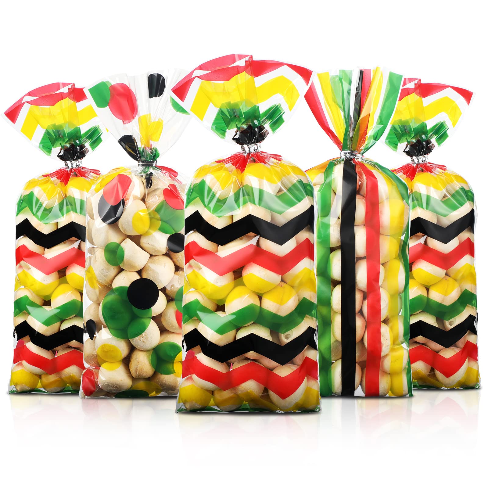 105 Pieces Juneteenth Party Cellophane Treat Bags, Polka Dot Stripes Printed Pattern Goodie Candy Favor Bags with Twist Ties for African Afro American Festival Celebration Happy Juneteenth Jamboree