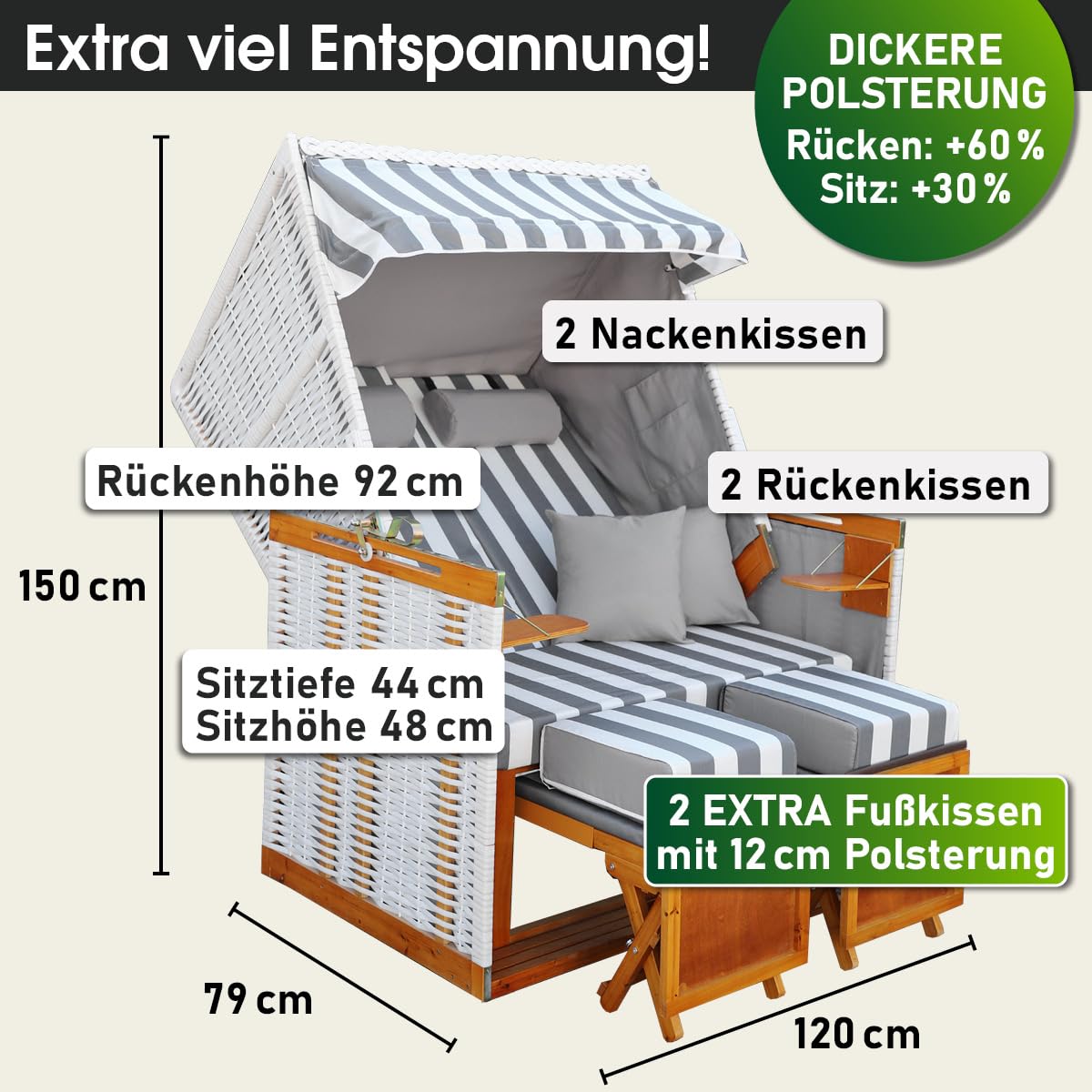 BRAST® Strandkorb Norderney Deluxe für 2 Personen | 120cm breit | 4 Designs | inkl. wetterfeste Abdeckhaube | verstellbare Rückenlehne Fußkissen | Grau/Weiß - gestreift