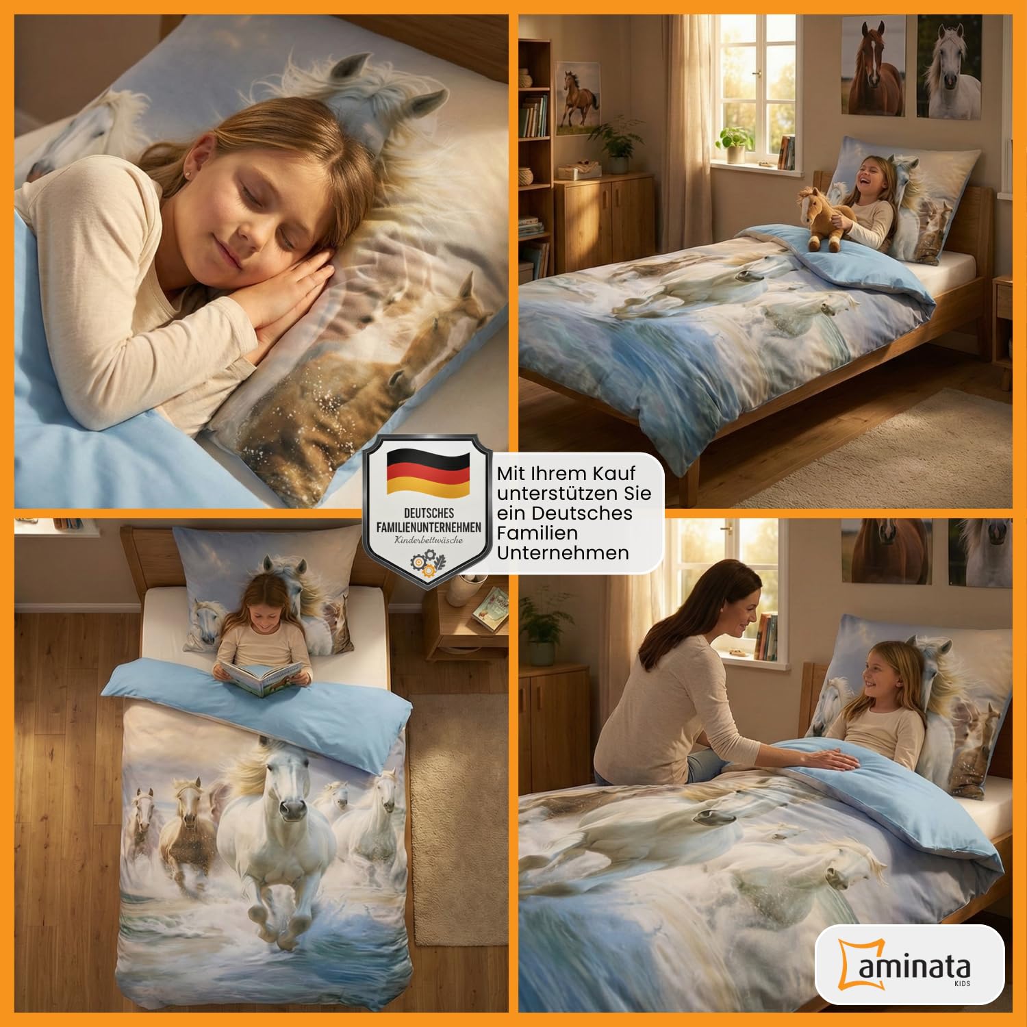 Aminata kids Bettwäsche Mädchen 135x200 Pferd - 100% Baumwolle blau weiß
